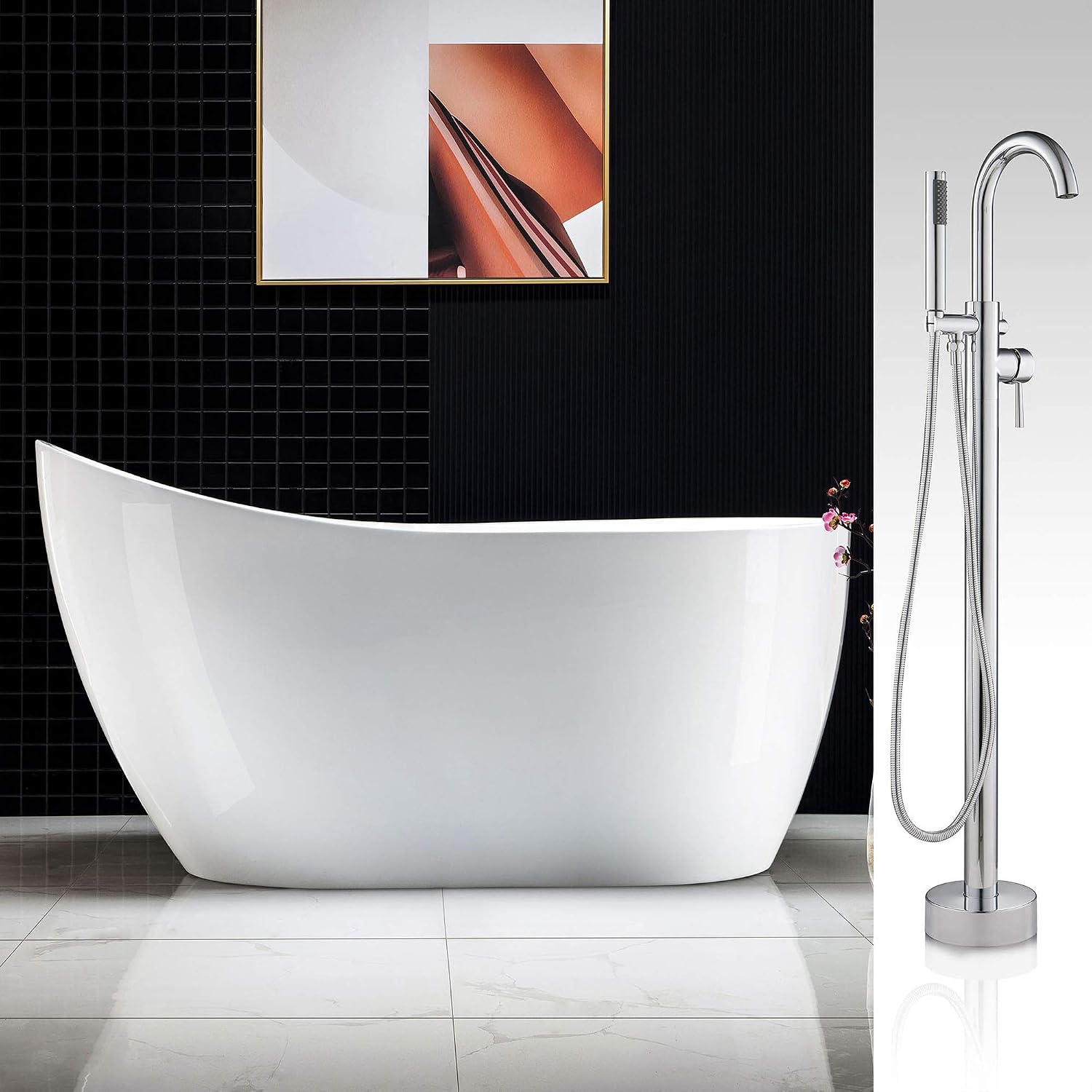 WOODBRIDGE 54' Acrylic Freestanding Bathtub Contemporary Soaking Tub with Chrome Overflow and Drain BTA1507C,With Chrome Faucet F0002CH