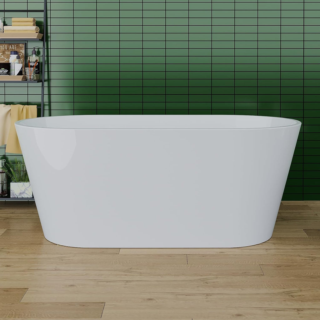 Freestanding Bath Tub 59' L Acrylic Freestanding Bathtub with Chrome Overflow & Drain, Free Standing Bathtub White Modern Stand Alone Tubs for Bathroom Fixtures, Chrome Finish Glossy White