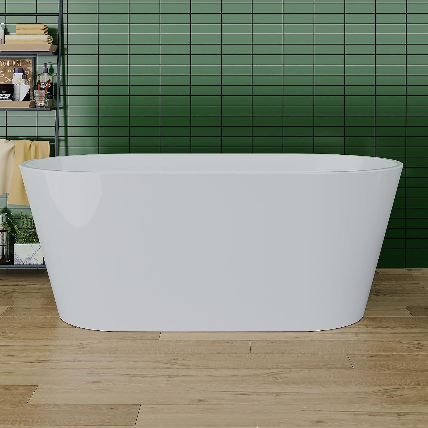 Freestanding Bath Tub 59' L Acrylic Freestanding Bathtub with Chrome Overflow & Drain, Free Standing Bathtub White Modern Stand Alone Tubs for Bathroom Fixtures, Chrome Finish Glossy White