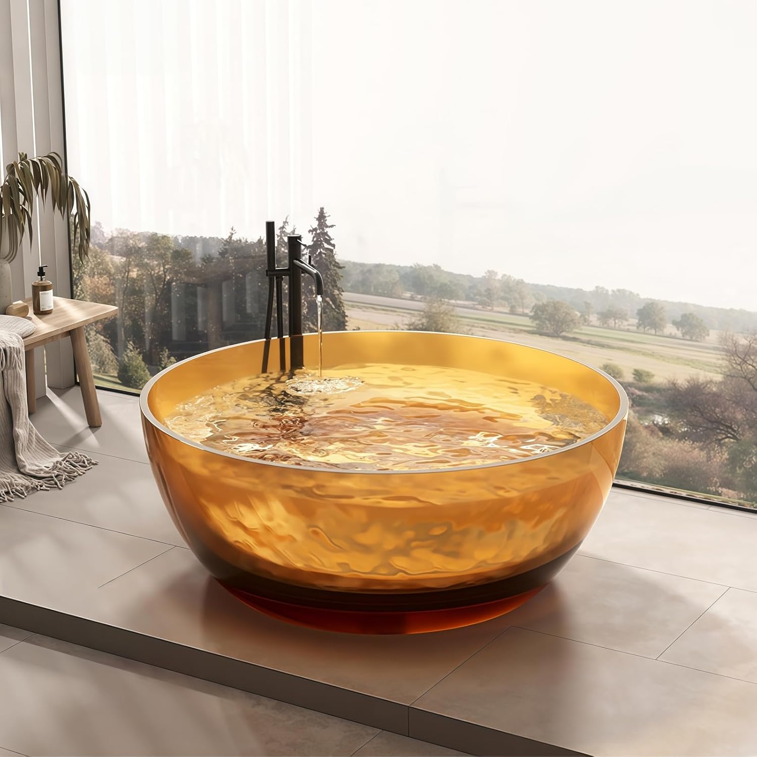 52' Edeyeu Round Freestanding Bathtub - Modern Soaker Tub, Extra-Deep Freestanding Tub with a Crystal-Clear Solid Surface, Suitable for Villas, Apartments, and Hotels Orange