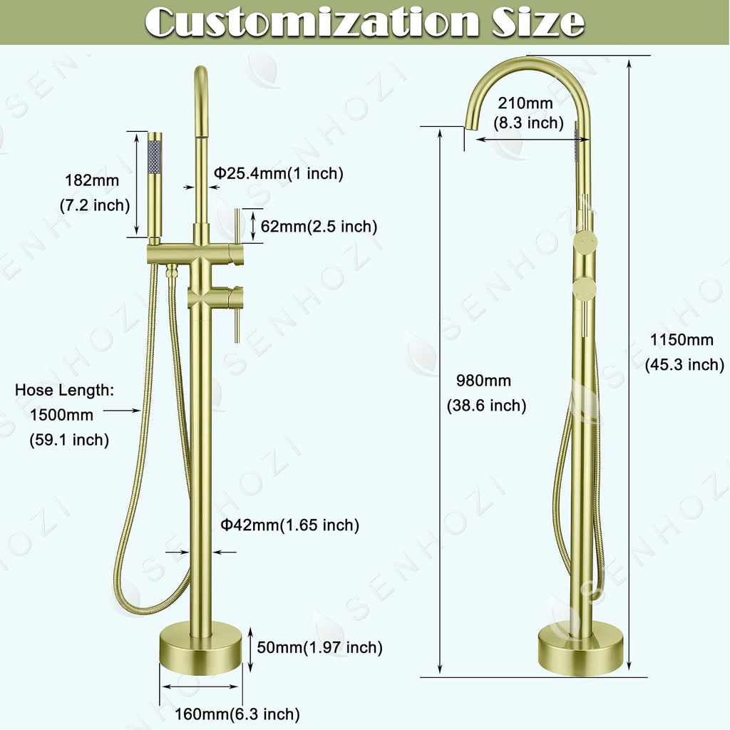 Freestanding Tub Faucet Floor Mount Tub Fillers, Senhozi Brushed Gold Free Standing Tub Faucets, Mixer Tap Two Handle Gold Freestanding Bathtub Faucet with Hand Shower, SE-3001-BG