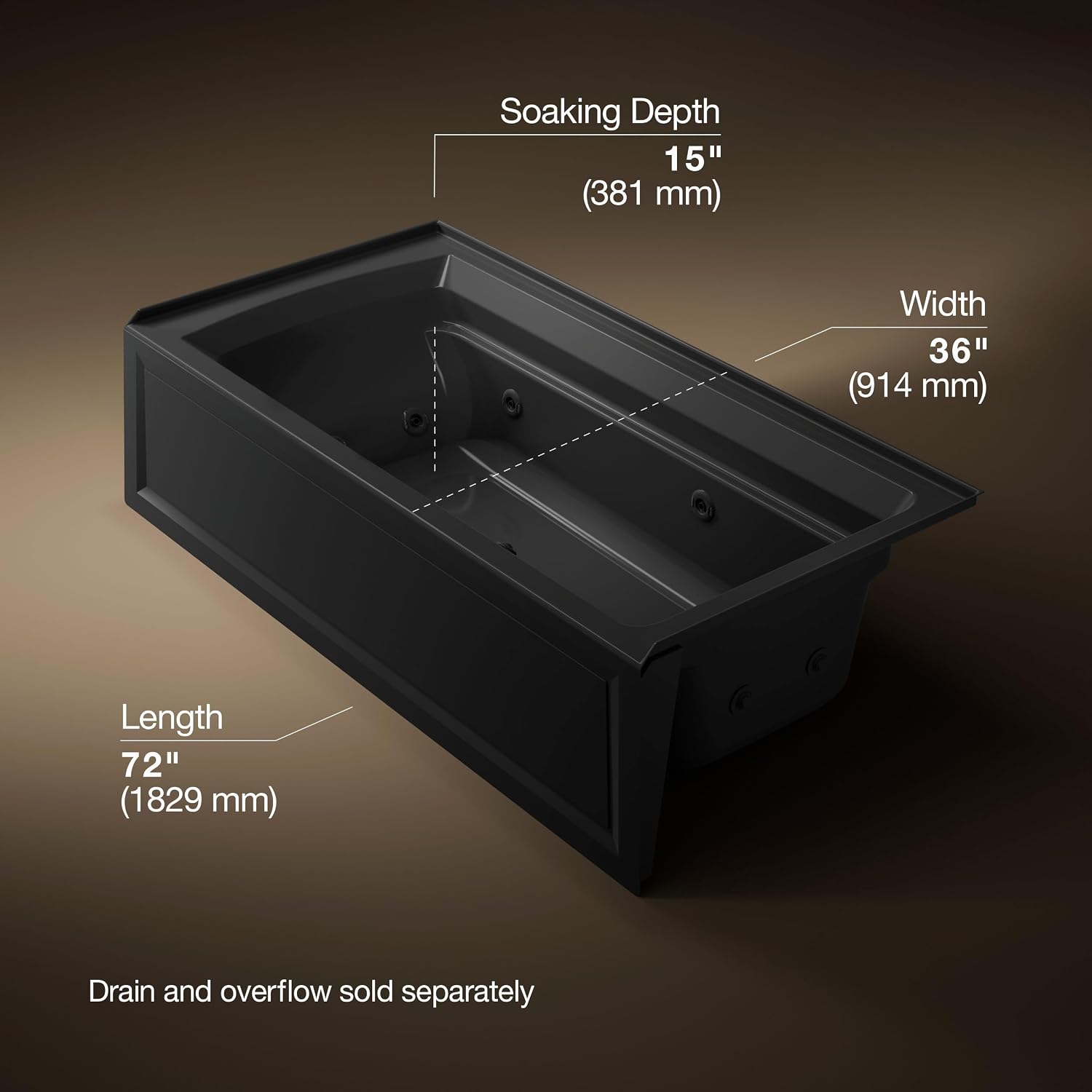 Kohler K-1124-HR-7 Archer 6Ft Whirlpool with Comfort Depth Design, Integral Apron, Right-Hand Drain and Heat, Black Black