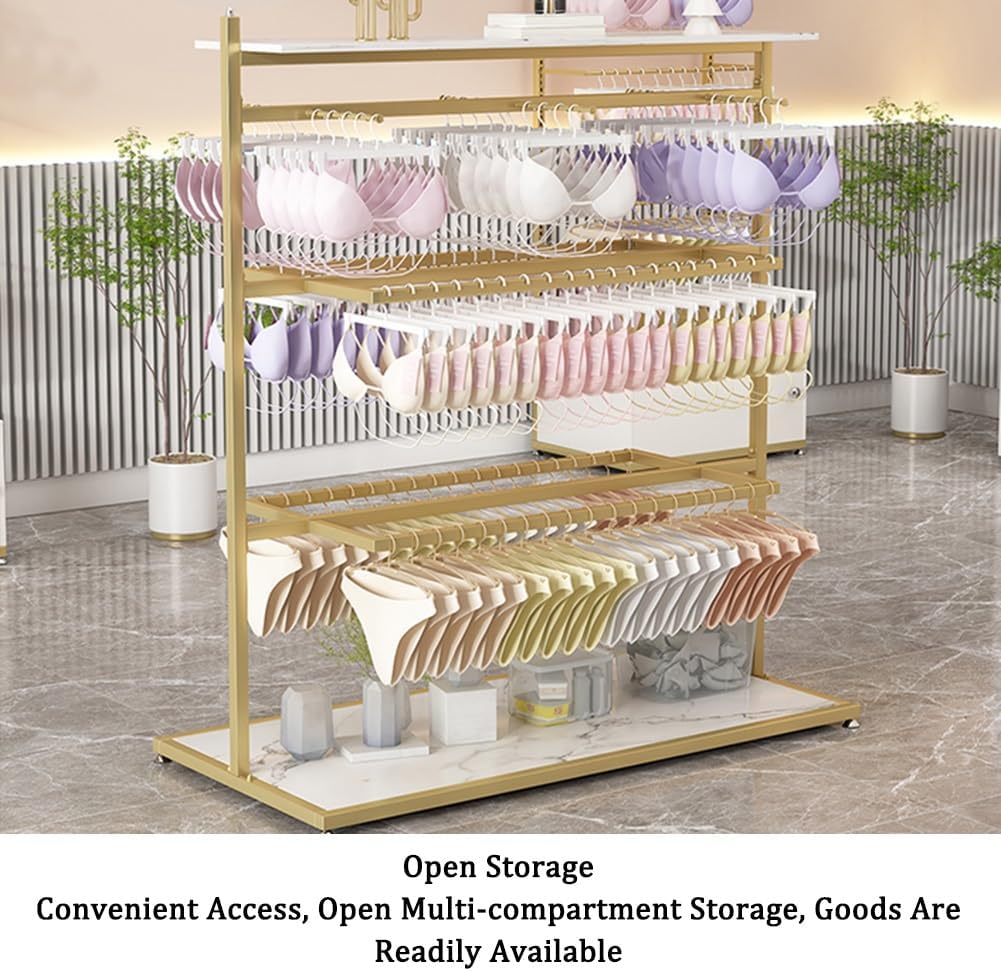 WIGING Retail Clothing Store Garment Rack, Freestanding Metal Underwear Rack, Bra Shorts Swimwear Storage Shelf for Farmers Markets, Boutiques (Color : Gold, Size : 60x40x135cm)