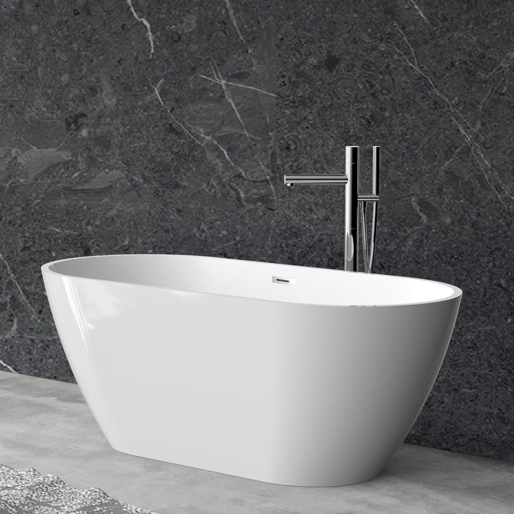 59' Acrylic Freestanding Bathtub, Modern Deep Soaking Tub, cUPC Certified Free Standing Tub, Chrome Drain/Overflow, White Acrylic, Flora White