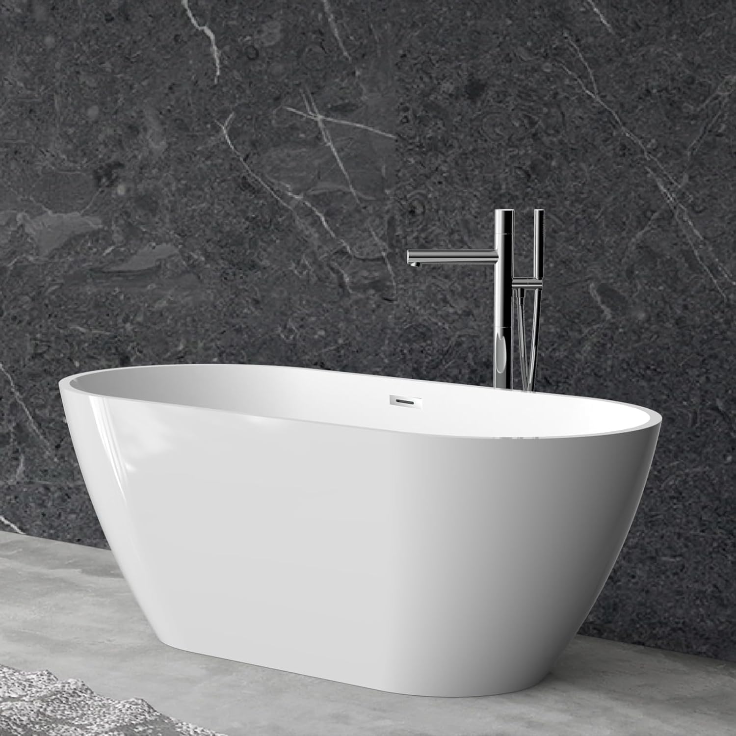 59' Acrylic Freestanding Bathtub, Modern Deep Soaking Tub, cUPC Certified Free Standing Tub, Chrome Drain/Overflow, White Acrylic, Flora White