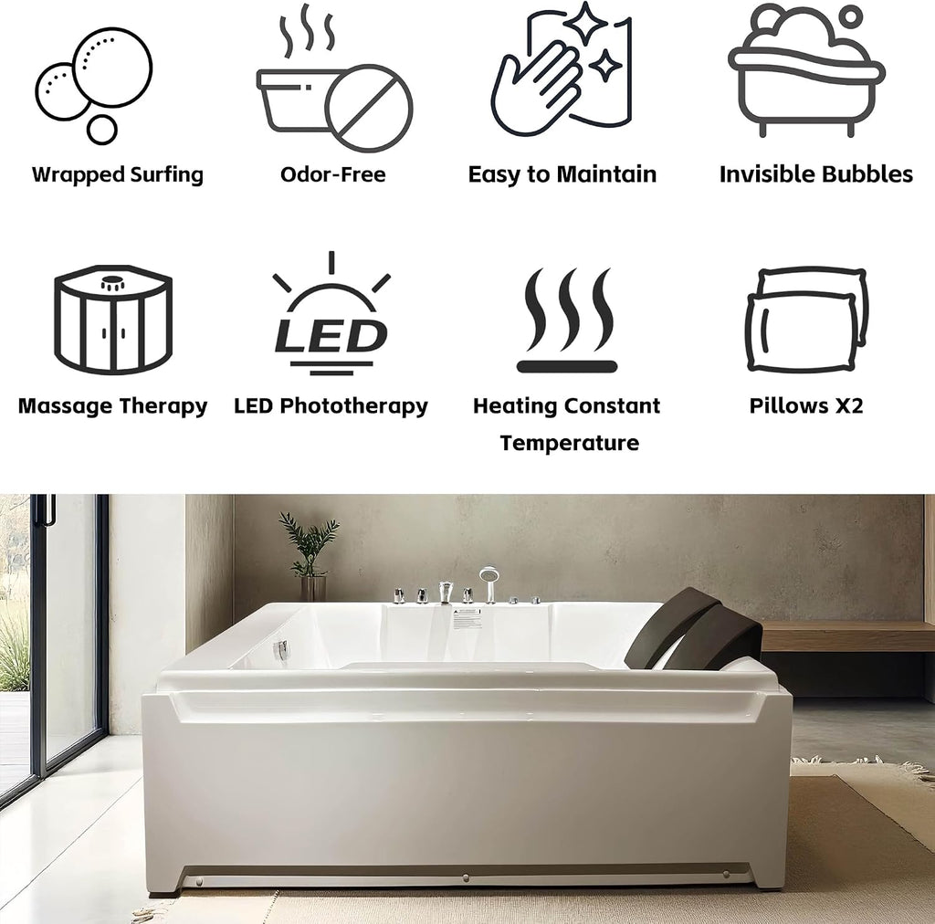 72'x48' Acrylic Jetted Tubs with 8 Whirlpool Nozzles, 2 Person Massage Whirlpool Bathtub with Pillows, 3 Sided Apron Design, Hydro Massage, Color-Changing LED Lights Chromatherapy, Left Drain