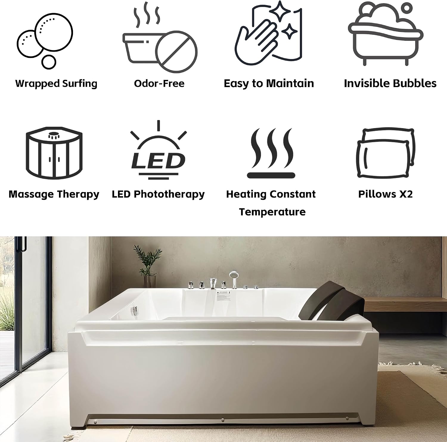72'x48' Acrylic Jetted Tubs with 8 Whirlpool Nozzles, 2 Person Massage Whirlpool Bathtub with Pillows, 3 Sided Apron Design, Hydro Massage, Color-Changing LED Lights Chromatherapy, Left Drain