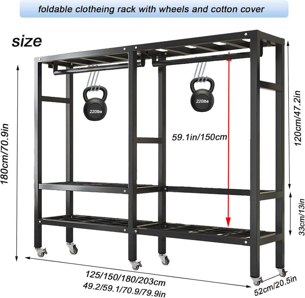 Heavy Duty Rolling Covered Metal Garment Rack with Lockable Wheels and Door, Load 2000lbs, Portable Closets for Hanging Clothes, Large Capacity 360°Enclosed Clothing Racks (B, 59.1in/150cm)