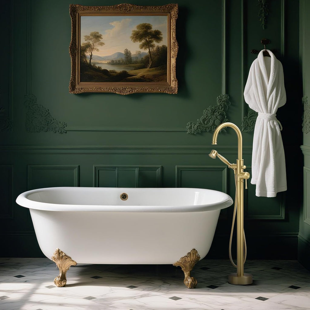 Free Standing Tub Faucet, Wintap Classic Freestanding Bathtub Faucet with Sprayer Brass Elegant Floor Mount Bath Faucets High Flow Roman Tub Filler, Brushed Gold （WT-3311BG）