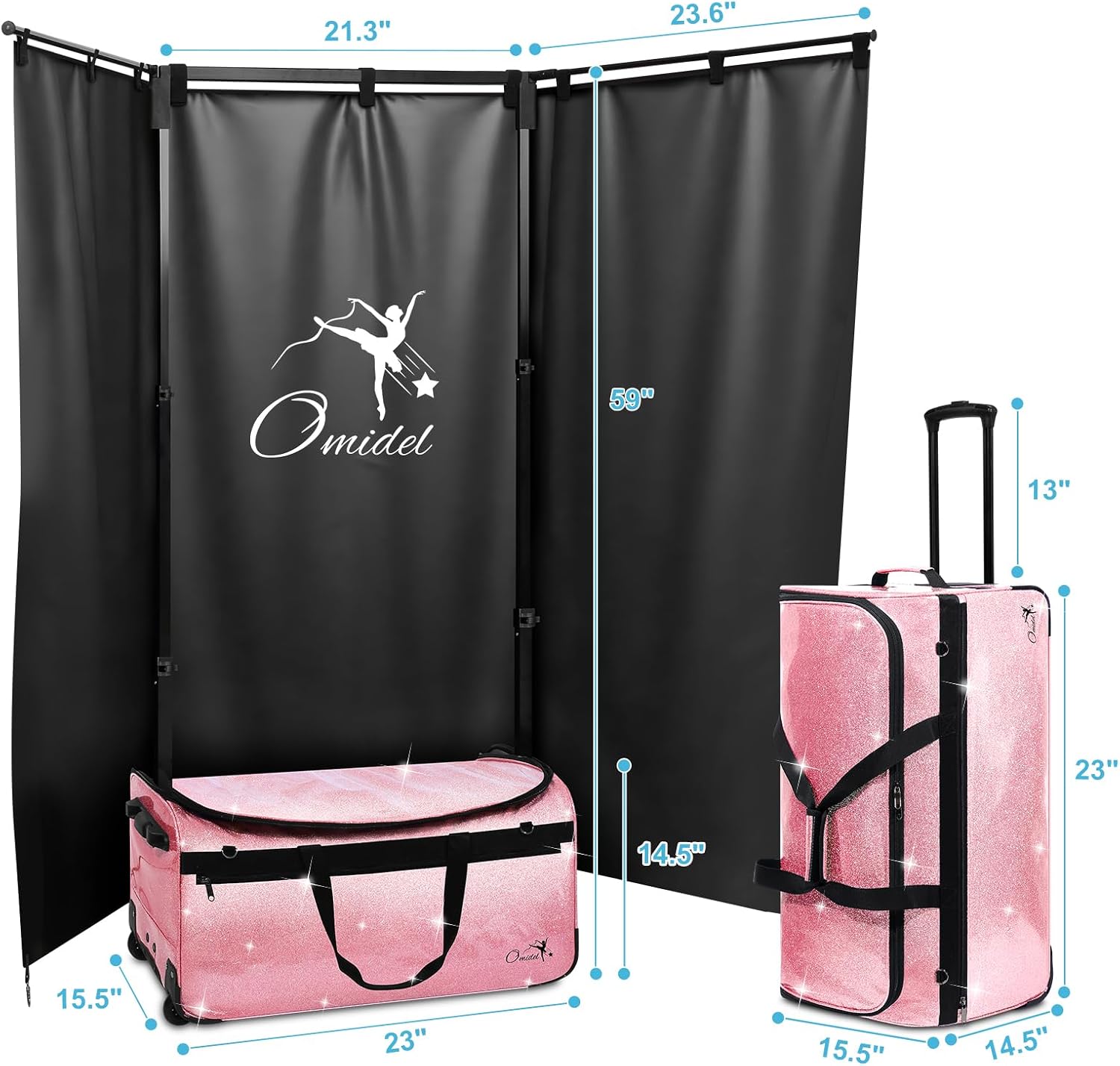Dance Bag with Garment Rack and Curtain | 23' Sparkling Dance Competition Duffle Bag with Rack & Wheels | Upgraded Stable System | Ideal Rolling Dance Suitcase for Dancer Cheerleader Gymnast Traveler