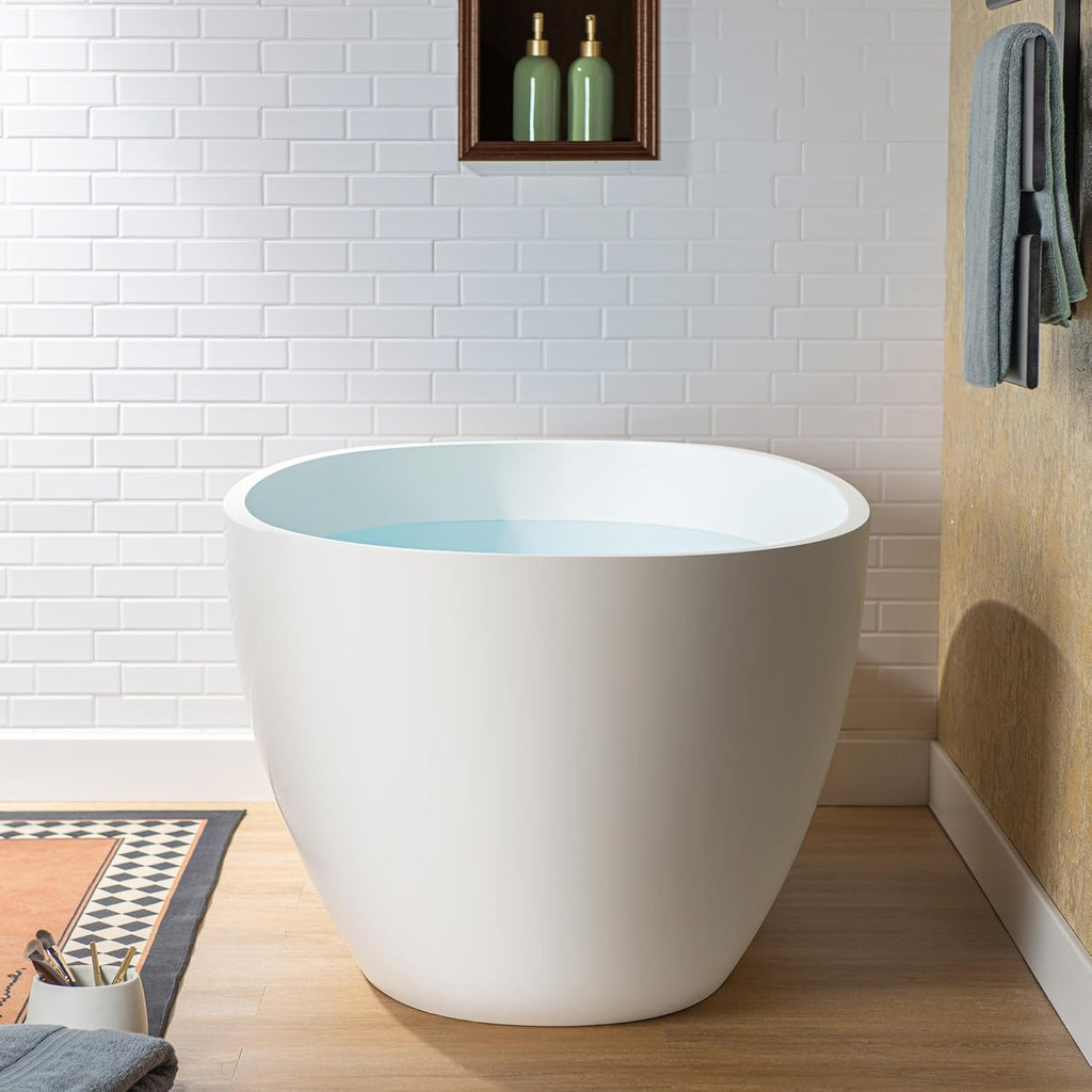 WOODBRIDGE 67' Stone Resin Freestanding Soaking Tub, Modern Oval Solid Surface Bathtub with Integrated Slotted Overflow & Drain, Matte White