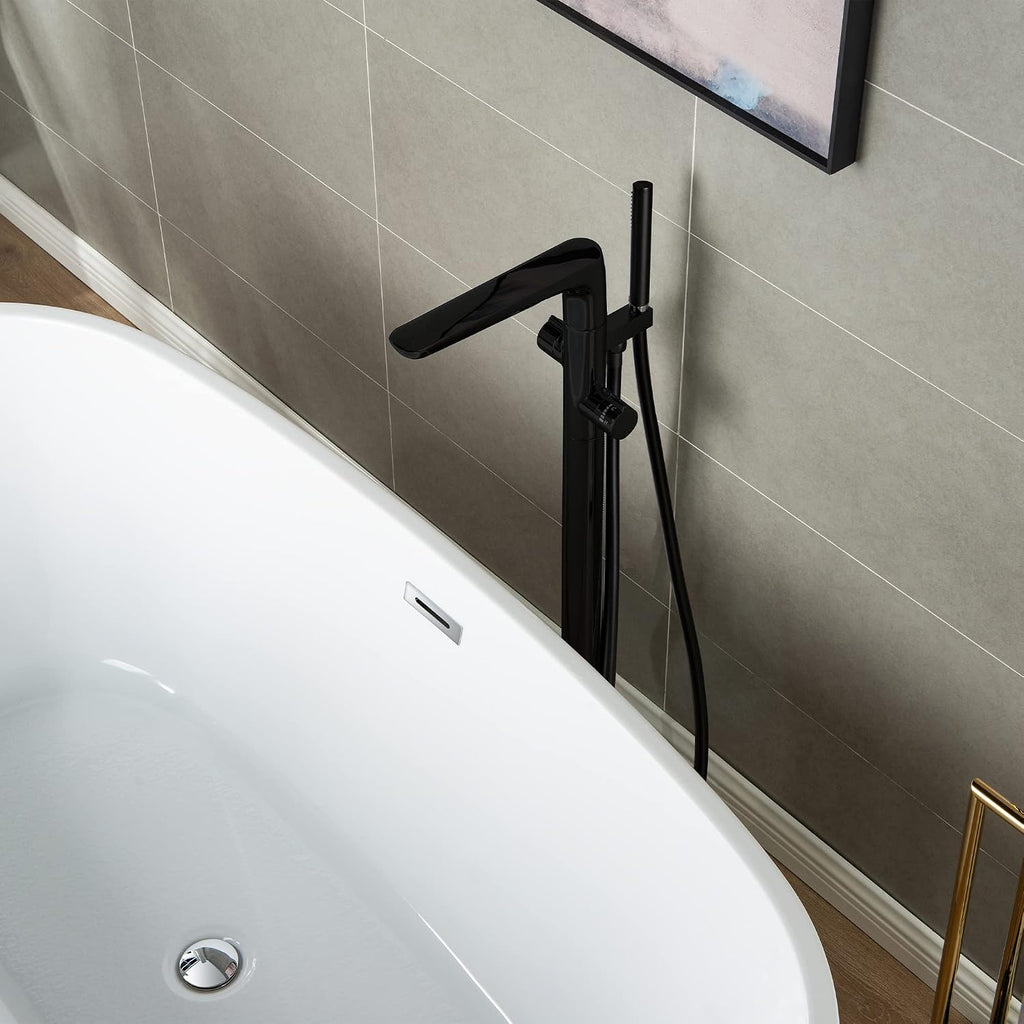 WOODBRIDGE F0015BL Contemporary Single Handle Floor Mount Freestanding Tub Filler Faucet with Hand shower in Matte Black Finish.