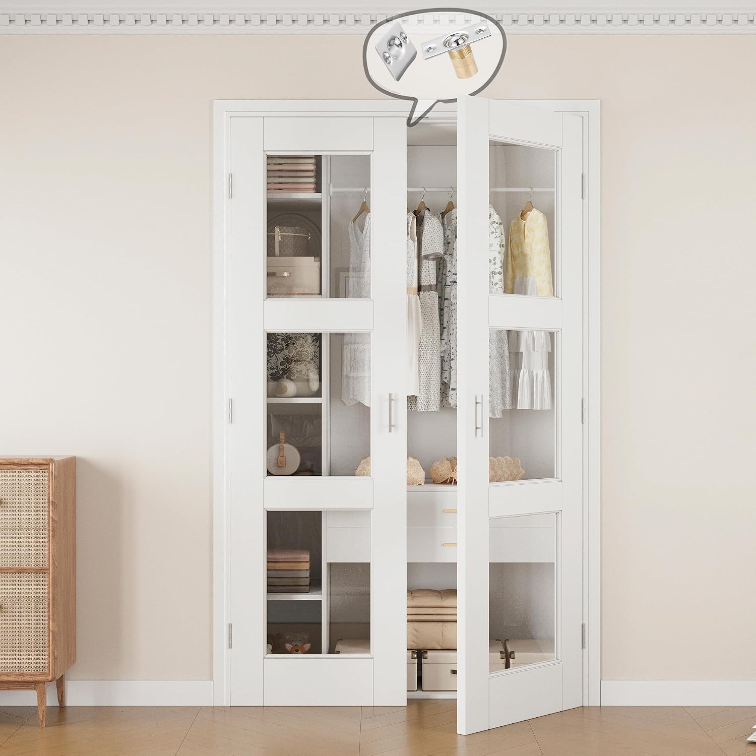 36' x 80' Ball Catch French Doors, 3 Panel Clear Glass Solid Core Pre-Finished & Paintable Double Doors with Ball Catches & Hinges & Handles, White Door, Swing Closet Door Interior