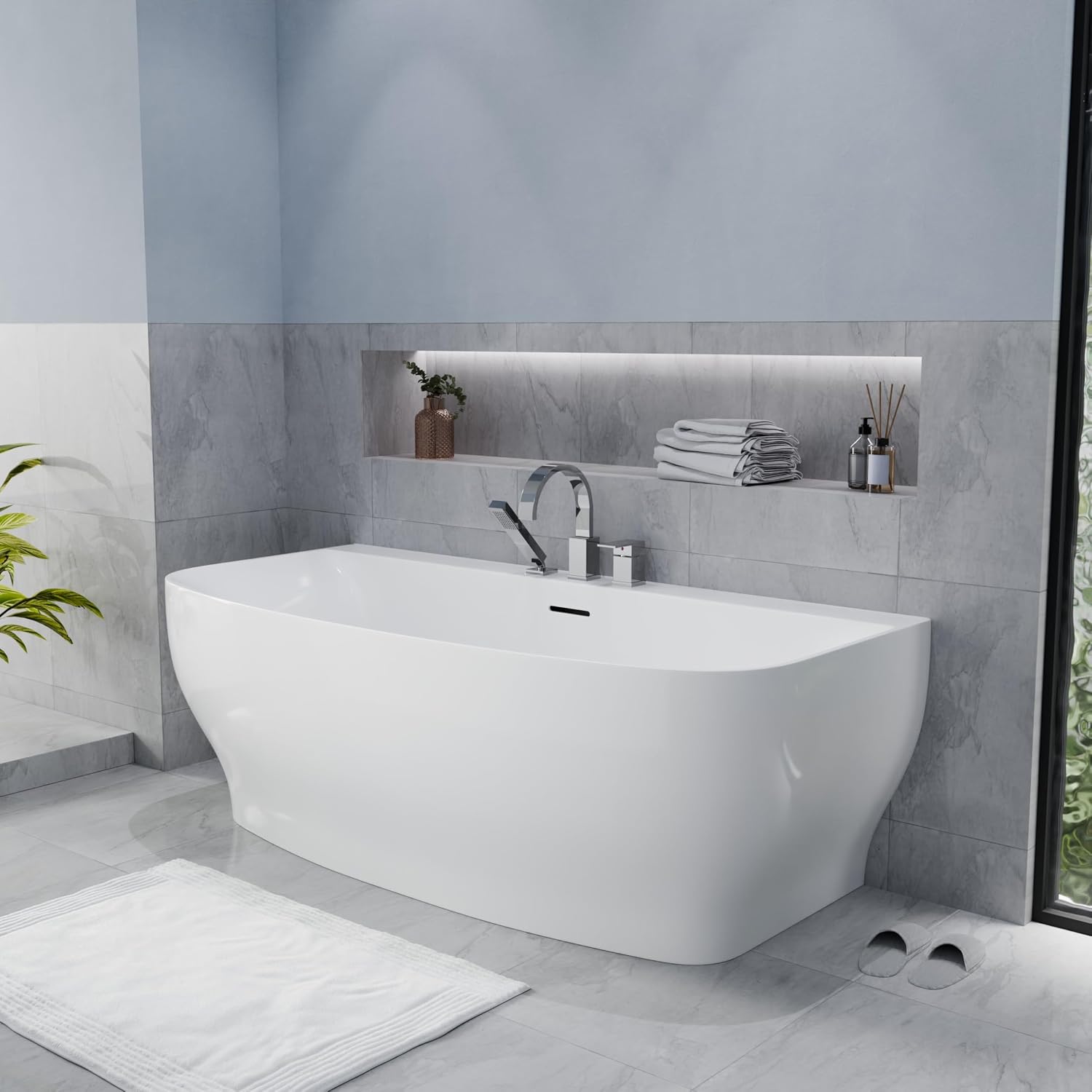 ANZZI Freestanding Tub 65', Oval, Stand Alone, Acrylic, Fiberglass Soaking Hot Tub in Glossy White with Built-in Bathtub Overflow & Drain for Bathroom (FT-AZ112)