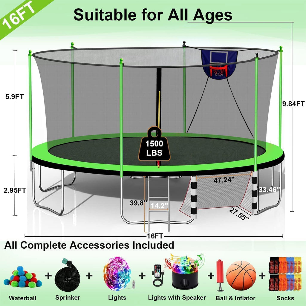 1500LBS 10FT 12FT 14FT 15FT 16FT Trampoline with LED Lights, Sprinkler, Music Speaker and Socks, ASTM Approved Outdoor Trampoline for Kids and Adults, Backyard Trampolines with Net Enclosure