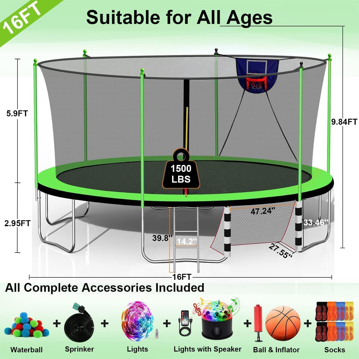 1500LBS 10FT 12FT 14FT 15FT 16FT Trampoline with LED Lights, Sprinkler, Music Speaker and Socks, ASTM Approved Outdoor Trampoline for Kids and Adults, Backyard Trampolines with Net Enclosure