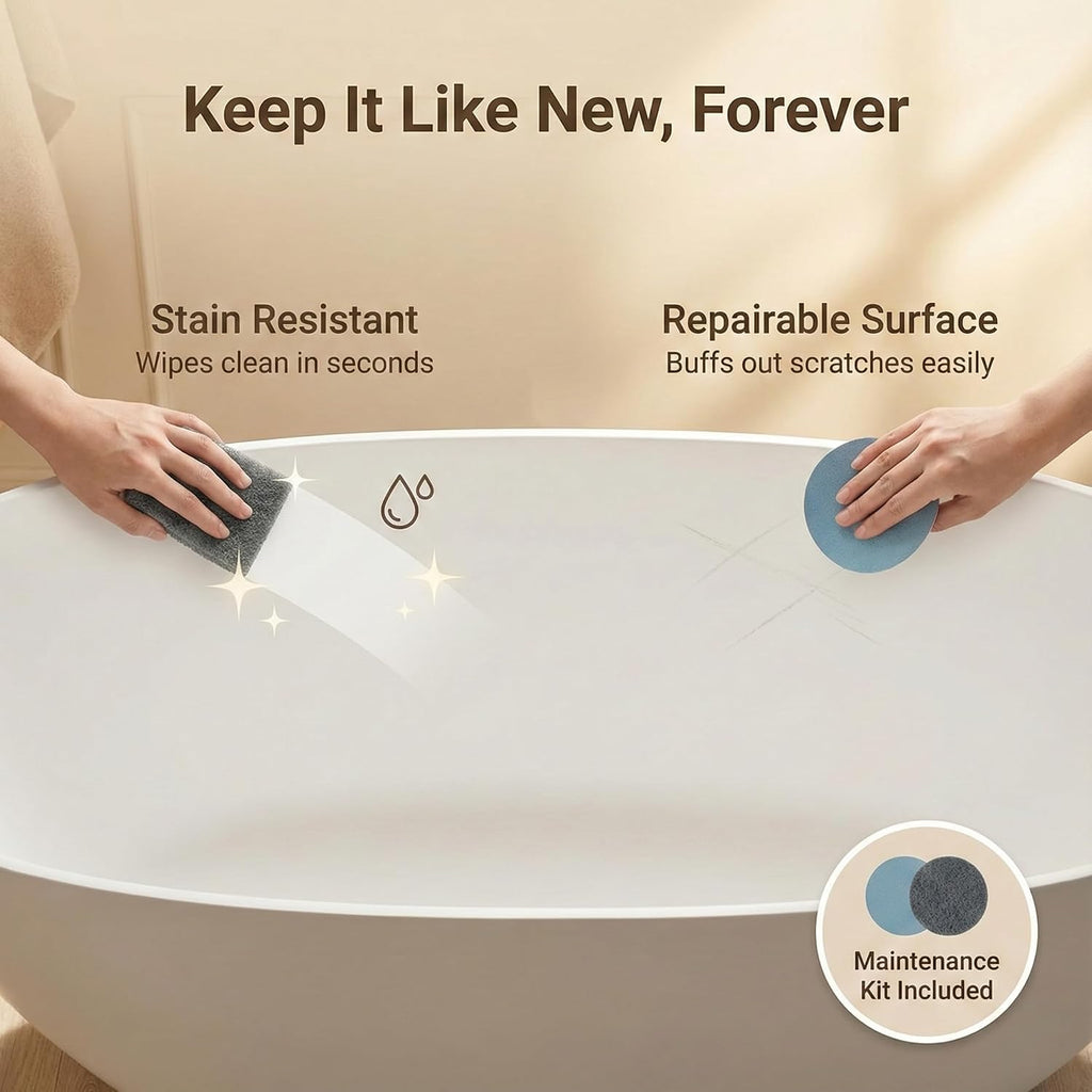 Cpingao 55' Stone Resin Freestanding Bathtub, Oval Contemporary Soaking Tubs, Solid Surface Stand Alone Tub with Drain & Integrated Slotted Overflow Matte White 8845-1400