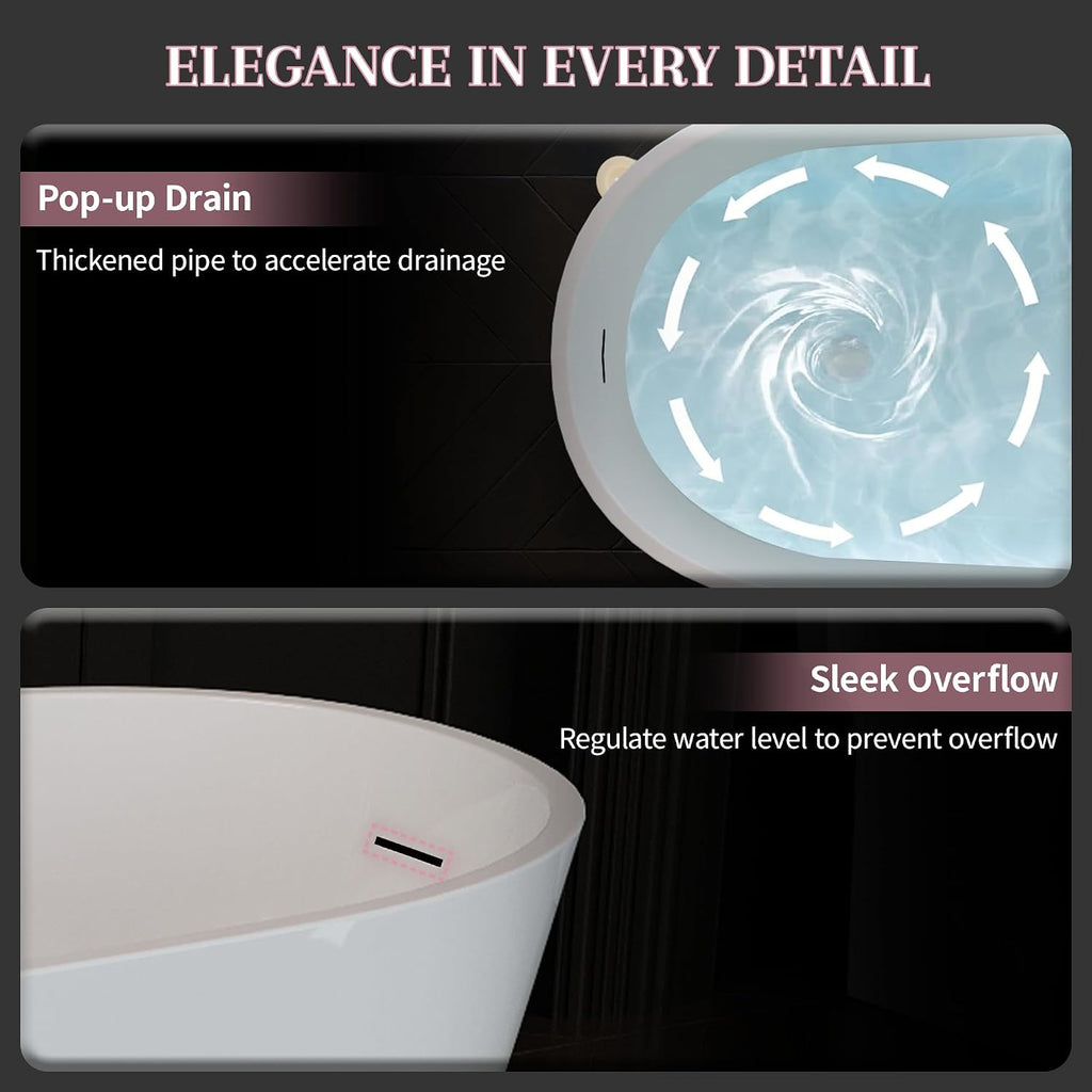 60' Acrylic Freestanding Bathtub, Deep Soaking Bathtub with Pop up Drain Integrated Overflow, Stand Alone Bath Tub for Bathroom Spa or Home Upgrade, Glossy White GF 26A04 60