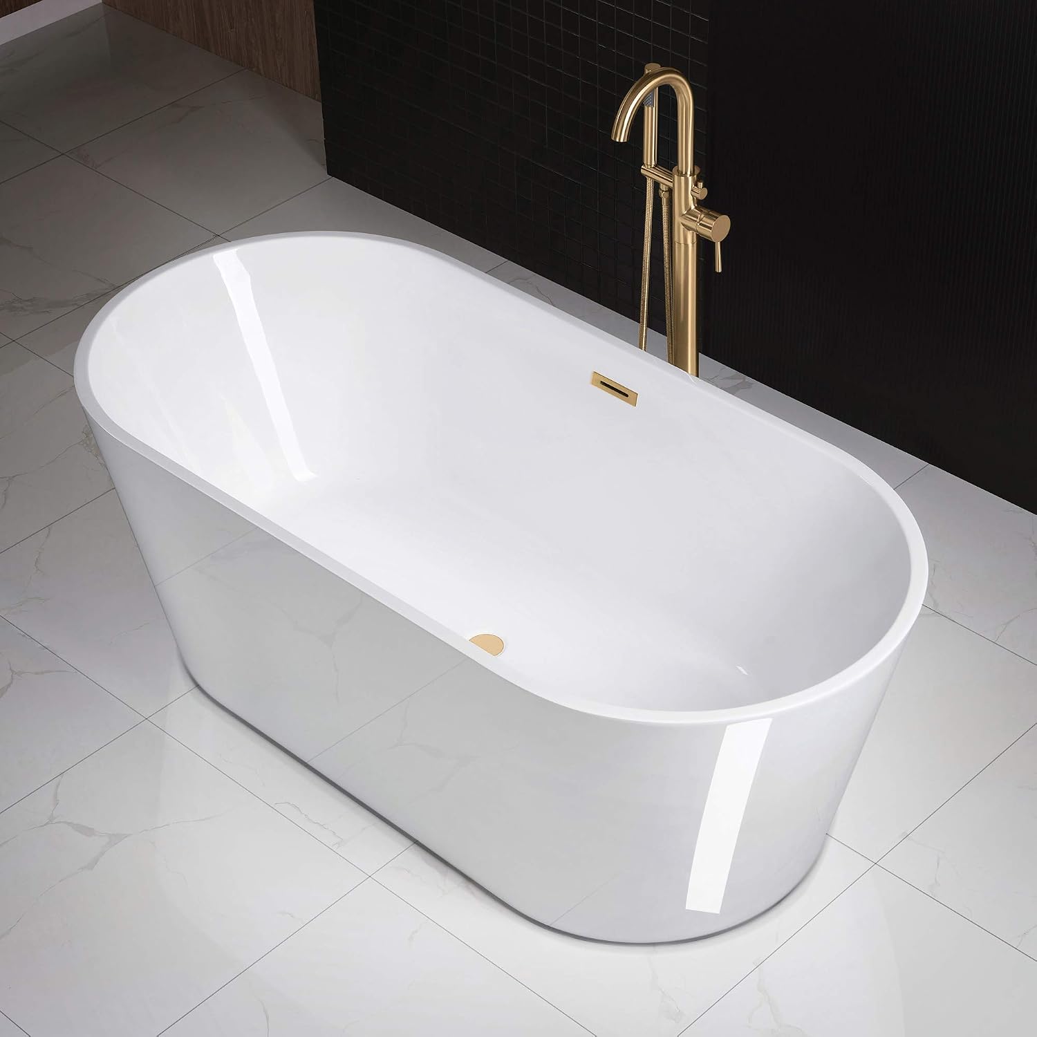 WOODBRIDGE 67' Acrylic Freestanding Bathtub Contemporary Soaking White Tub with Brushed Gold Overflow and Drain，B0013 -BG-Drain &O