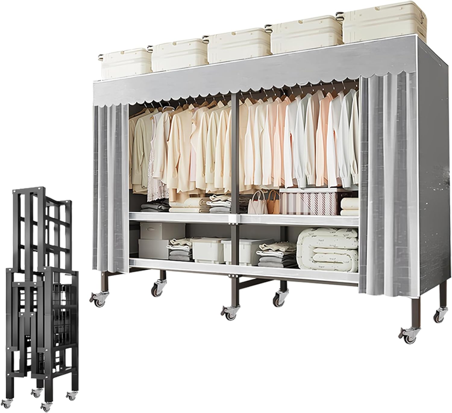 Heavy Duty Rolling Covered Metal Garment Rack with Lockable Wheels and Door, Load 2000lbs, Portable Closets for Hanging Clothes, Large Capacity 360°Enclosed Clothing Racks (A, 70.9in/180cm)