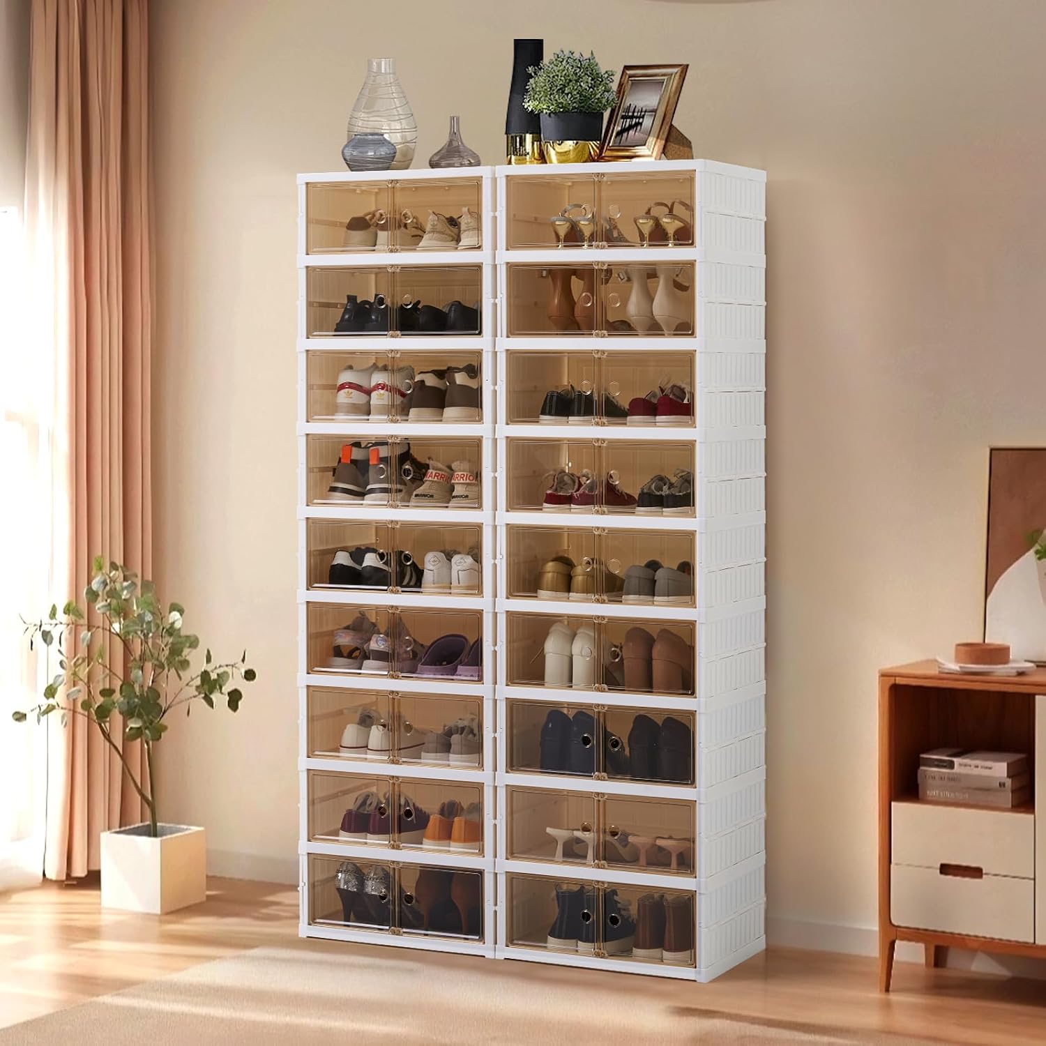 Collapsible Shoe Rack Organizer Foldable Shoe Cabinet with Doors, Large Plastic Folding Shoe Cabinet, Easy Assembly Shoe Shelves Organizer for Entryway (9Tiers,2Groups,36Pairs)