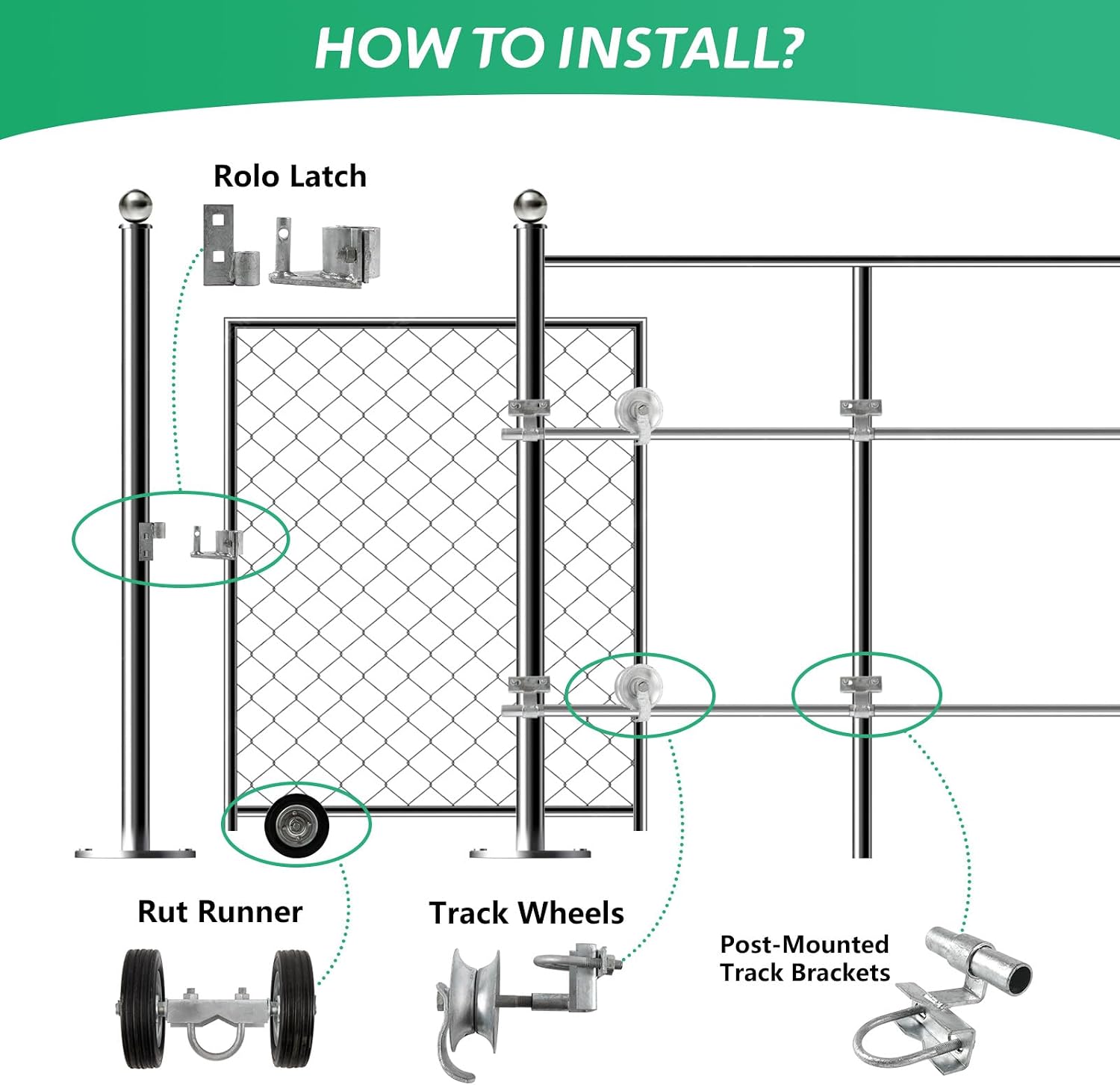 6' Sliding Gate Hardware Kit for Chain Link Fence, Heavy Duty Rolling Gate Kit with 2 Track Wheels, 6 Wall Mounted Brackets, 1 Rolo Latch, Galvanized Steel