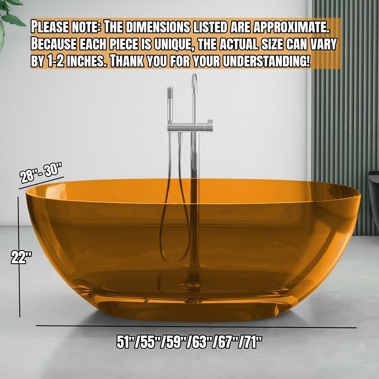 67' Edeyeu Freestanding Bathtub - Luxury Natural Resin Solid Surface Bathtub, Crystal Translucent Extra Deep Soaking Tub, High-End Stand Alone Free Standing Tub For Modern Bathroom Design Black