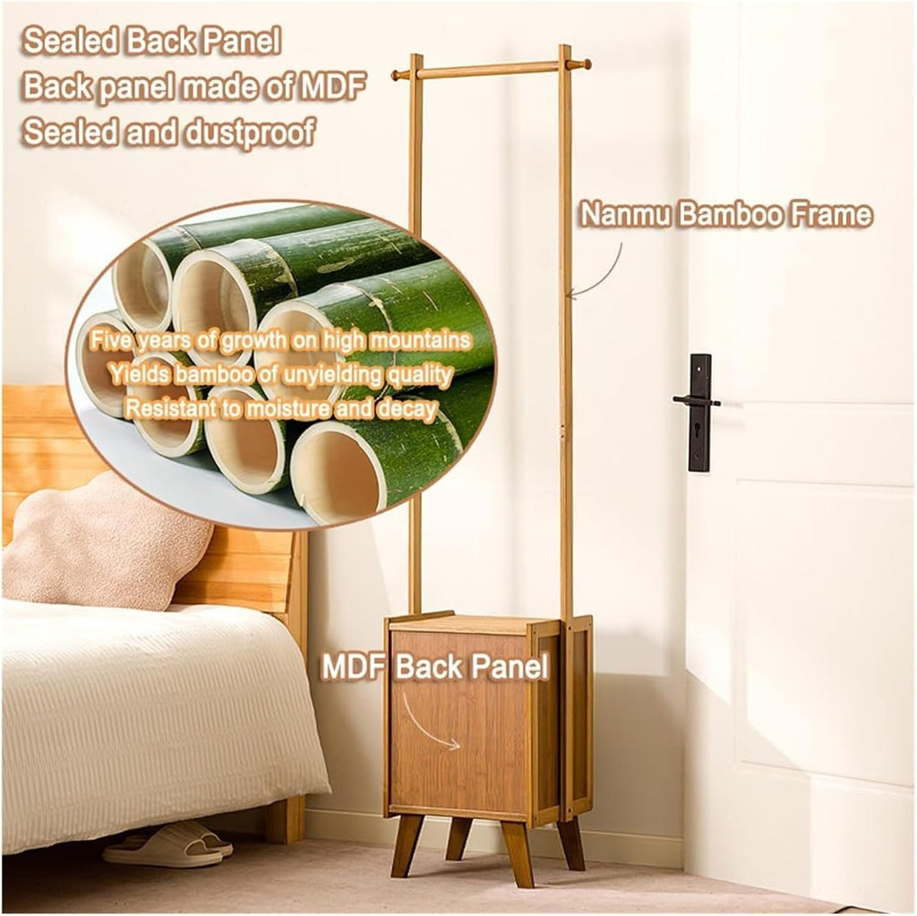 Bamboo Clothes Rack with Storage Basket - Freestanding Solid Wood Garment Rack for Bedroom, Living Room, and Hallway Organization(Yellow)