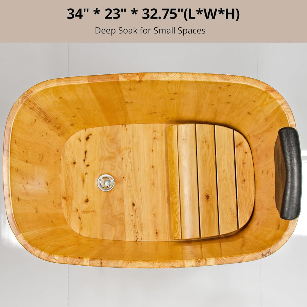 With Lid Japanese Soaking Tub Handcrafted Cedar Freestanding Wooden Bathtub Deep Soaking Tub Small Bathroom Tub Space Saving and Easy to Move STB03901 34' Hot Tub