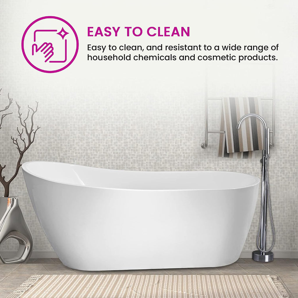 Vanity Art 59 X 29 Inch White Acrylic Freestanding Bathtub | Contemporary Design Soaking Tub with Pop-up Drain and Slotted Overflow Included, UPC Certified VA6904-S-TG