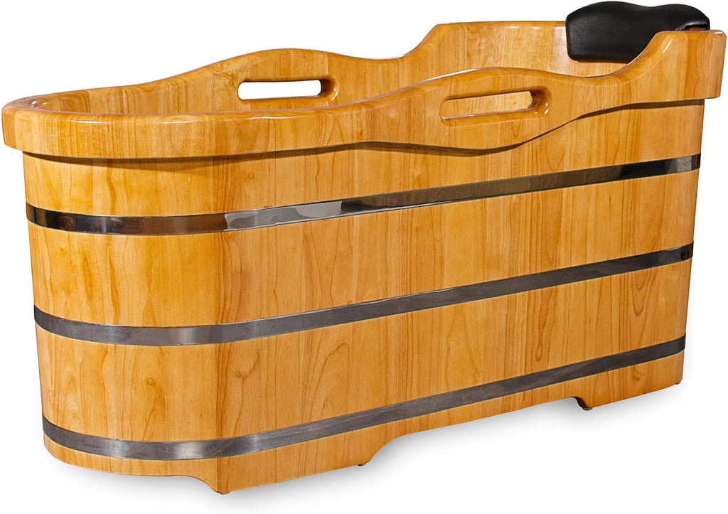 59' Freestanding Bathtub Wooden Soaking Tub Handcrafted Deep Soaking Bathtub with Wooden Handrails, Japanese Soaking Tub for Home Spa Relaxation, Freestanding Tub Wood Hot Tub STT15001