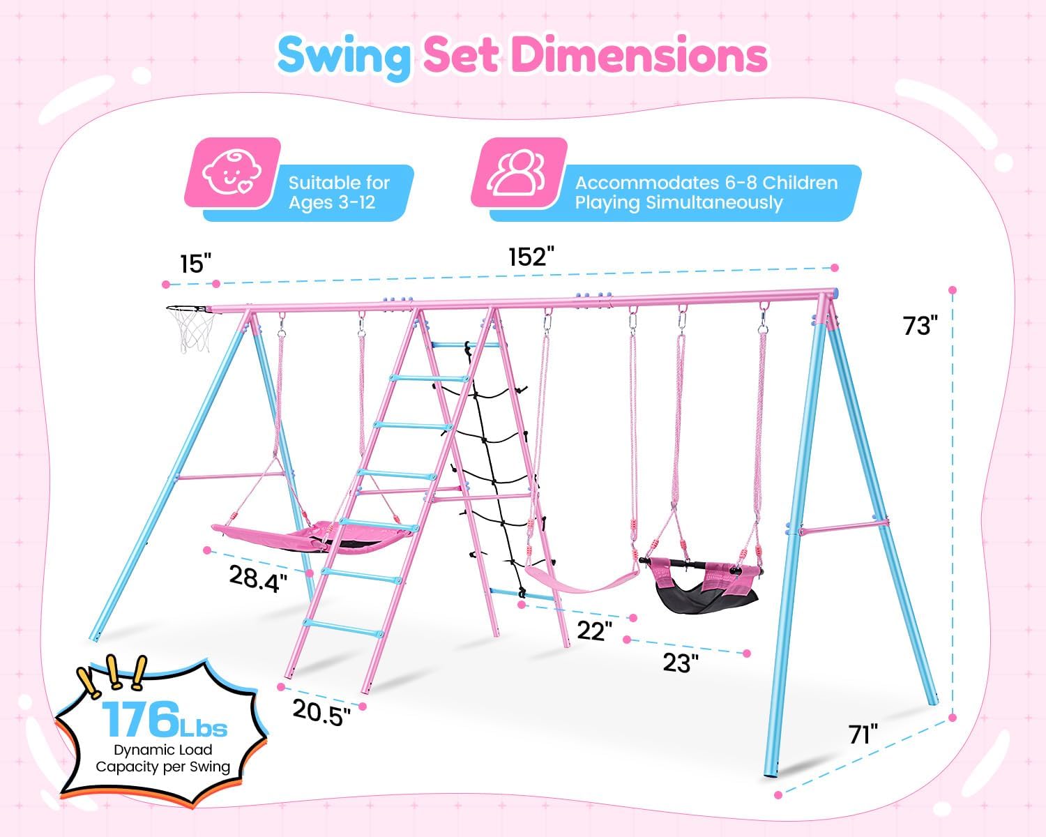 Heavy Duty Swing Sets for Backyard Kids 3-12, 700LBS 6-in-1 Outdoor Swingset for Playground with Basketball Hoop, 3 Adjustable Swings, Climbing Ladder Net - Large Metal Playset for Toddlers Children