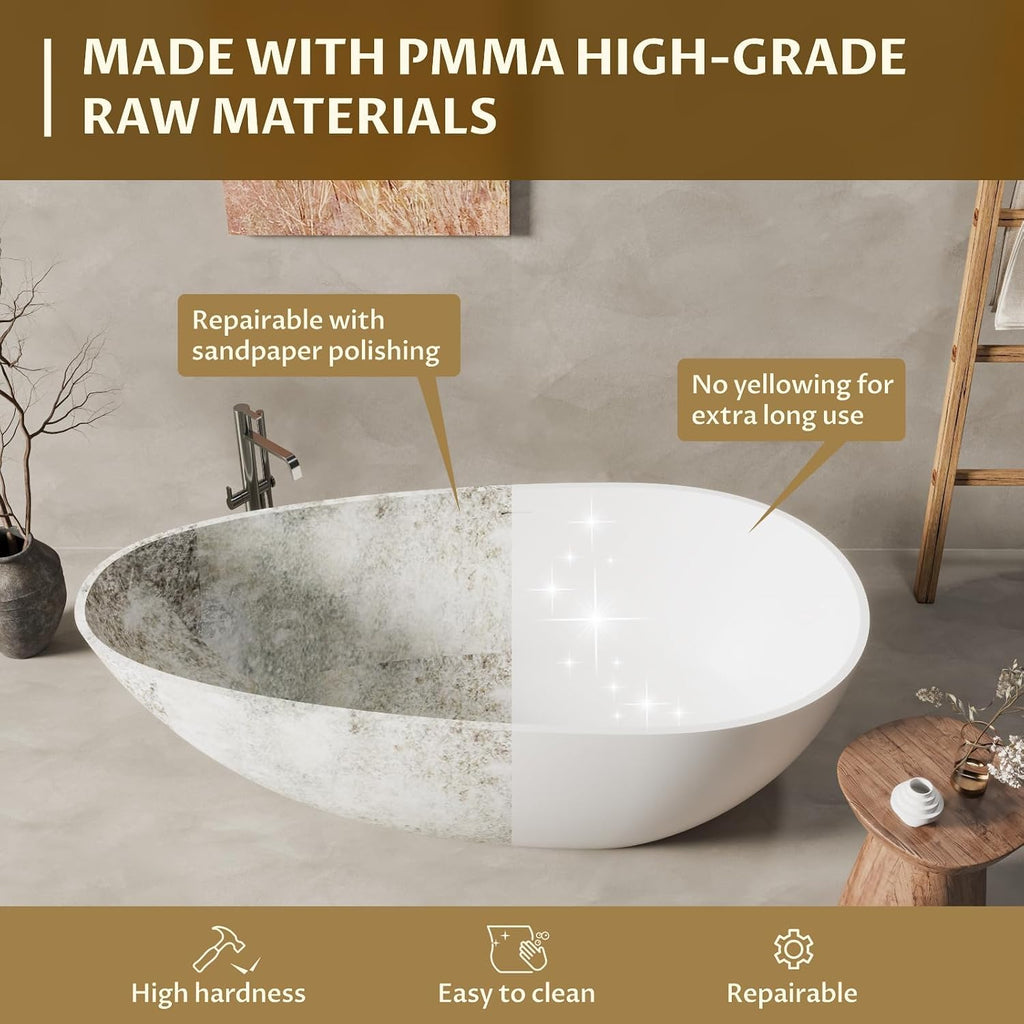 67' Freestanding Bathtub, Solid Surface Soaking Tub - Oval Egg Shell Stone Resin with Pop-Up Drain & Overflow, CUPC Certified Matte White Deep Soaking Tub with Ergonomic Design for Luxury Bathroom