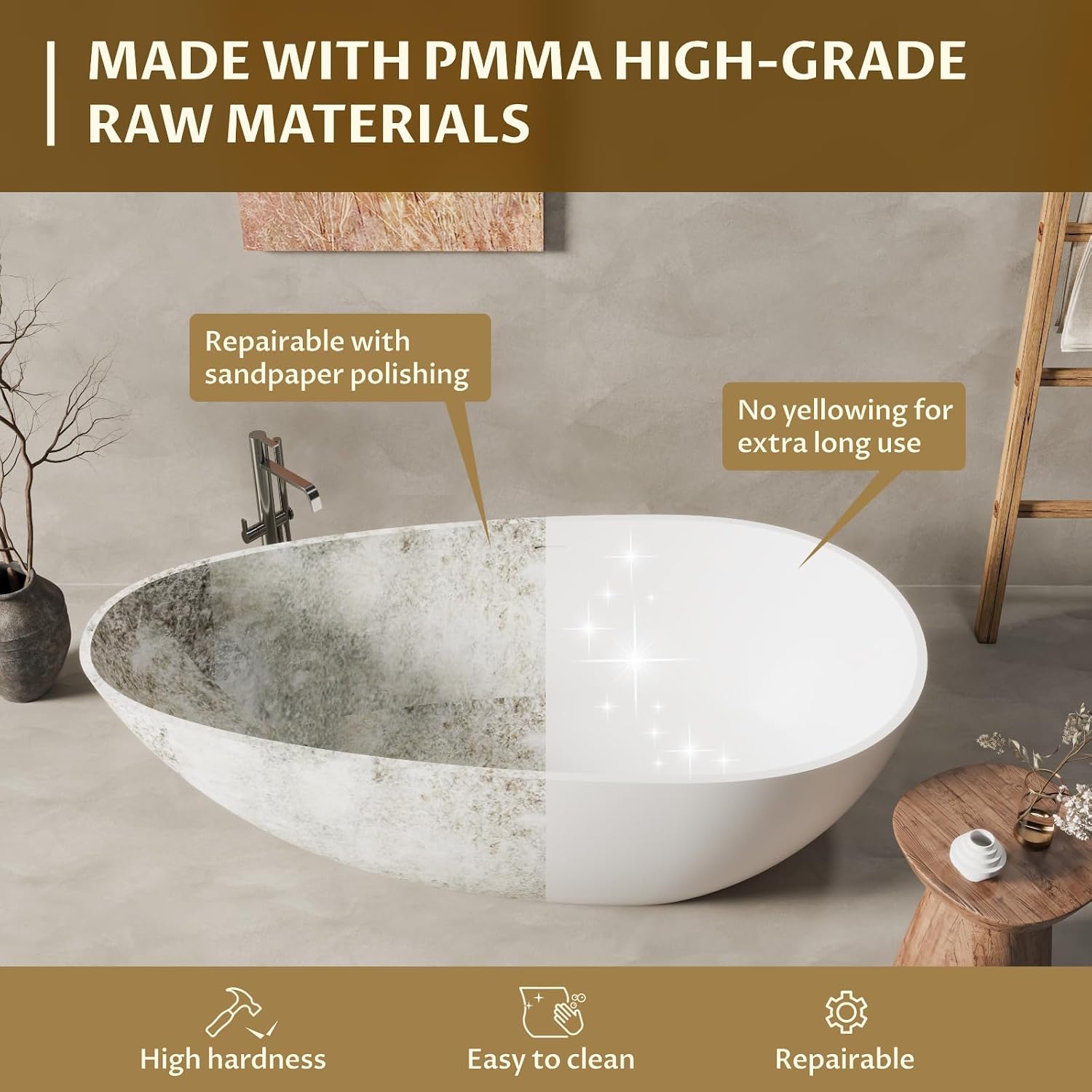 67' Freestanding Bathtub, Solid Surface Soaking Tub - Oval Egg Shell Stone Resin with Pop-Up Drain & Overflow, CUPC Certified Matte White Deep Soaking Tub with Ergonomic Design for Luxury Bathroom