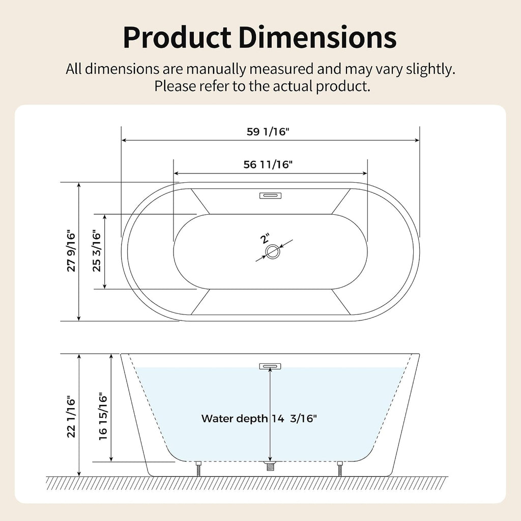 DeerValley 59' Acrylic Free Standing Tub, White Stand Alone Tub, Deep Soaking Tub with Center Drain & Integrated Overflow, Freestanding Bathtub with Ergonomic Design, DV-1T131S