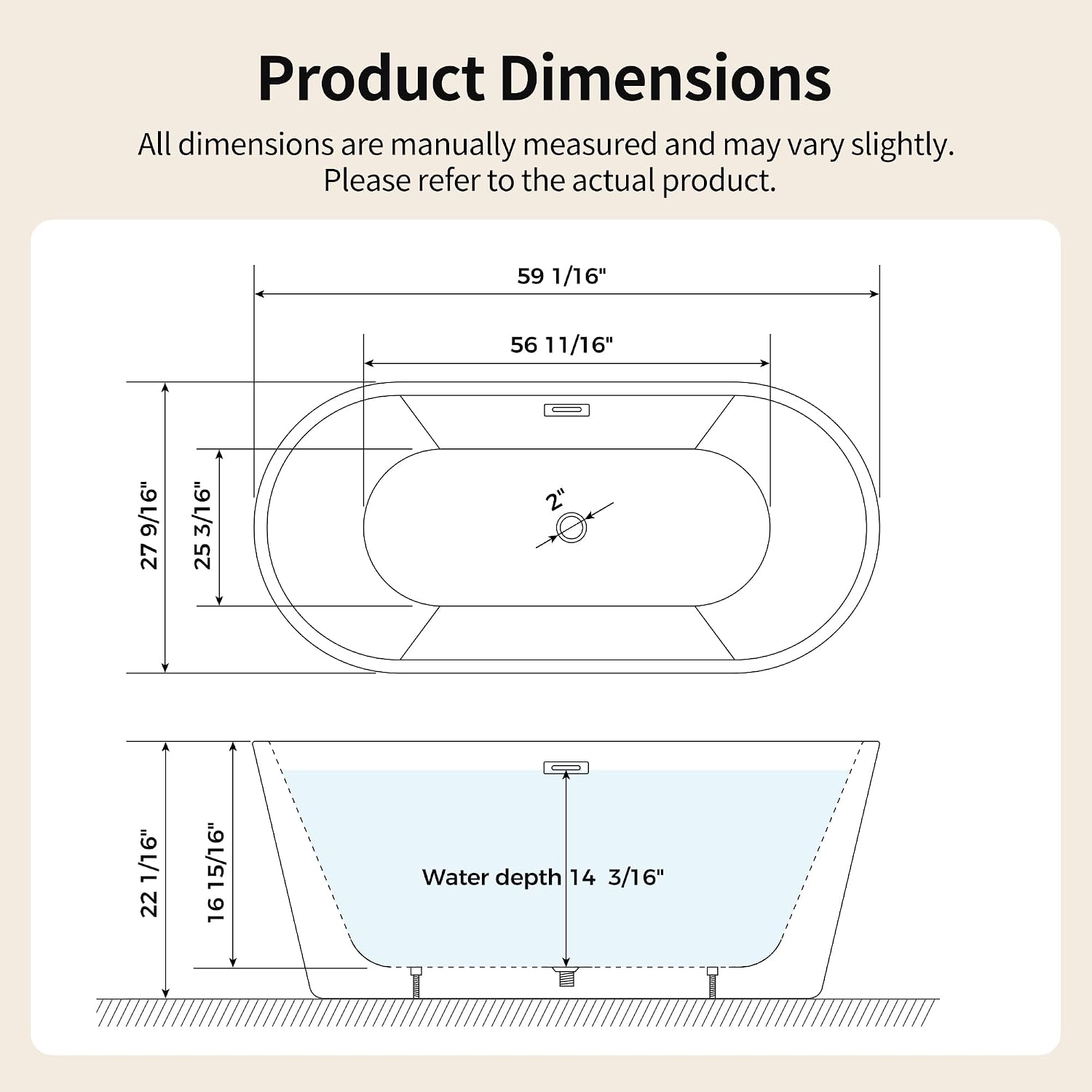 DeerValley 59' Acrylic Free Standing Tub, White Stand Alone Tub, Deep Soaking Tub with Center Drain & Integrated Overflow, Freestanding Bathtub with Ergonomic Design, DV-1T131S