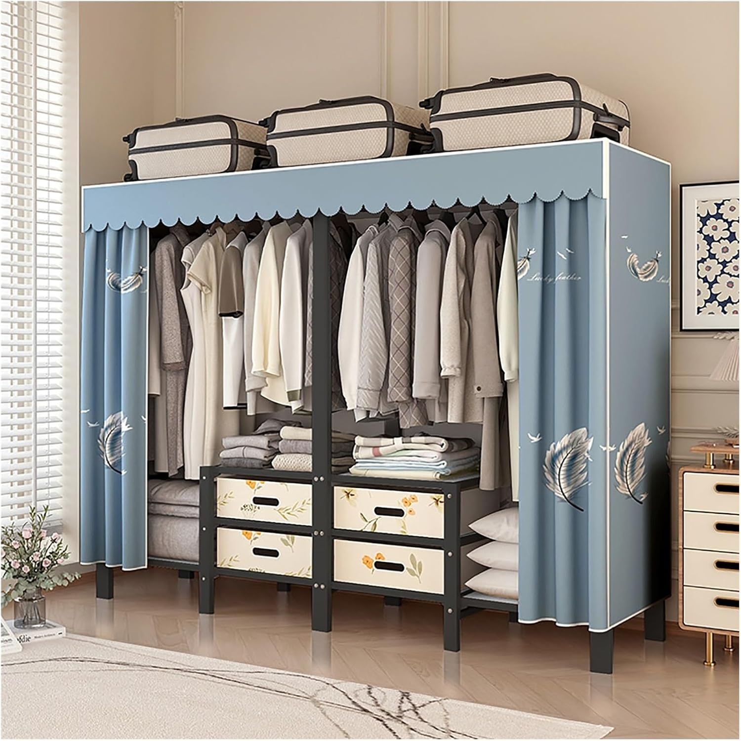 Foldable Portable Wardrobe Closet with Cover, Metal Garment Rack, Clothing Rack for Hanging Clothes, One-Piece Folding Base, Coat Storage for Bedroom(Blue1,150cm/59.1inch)