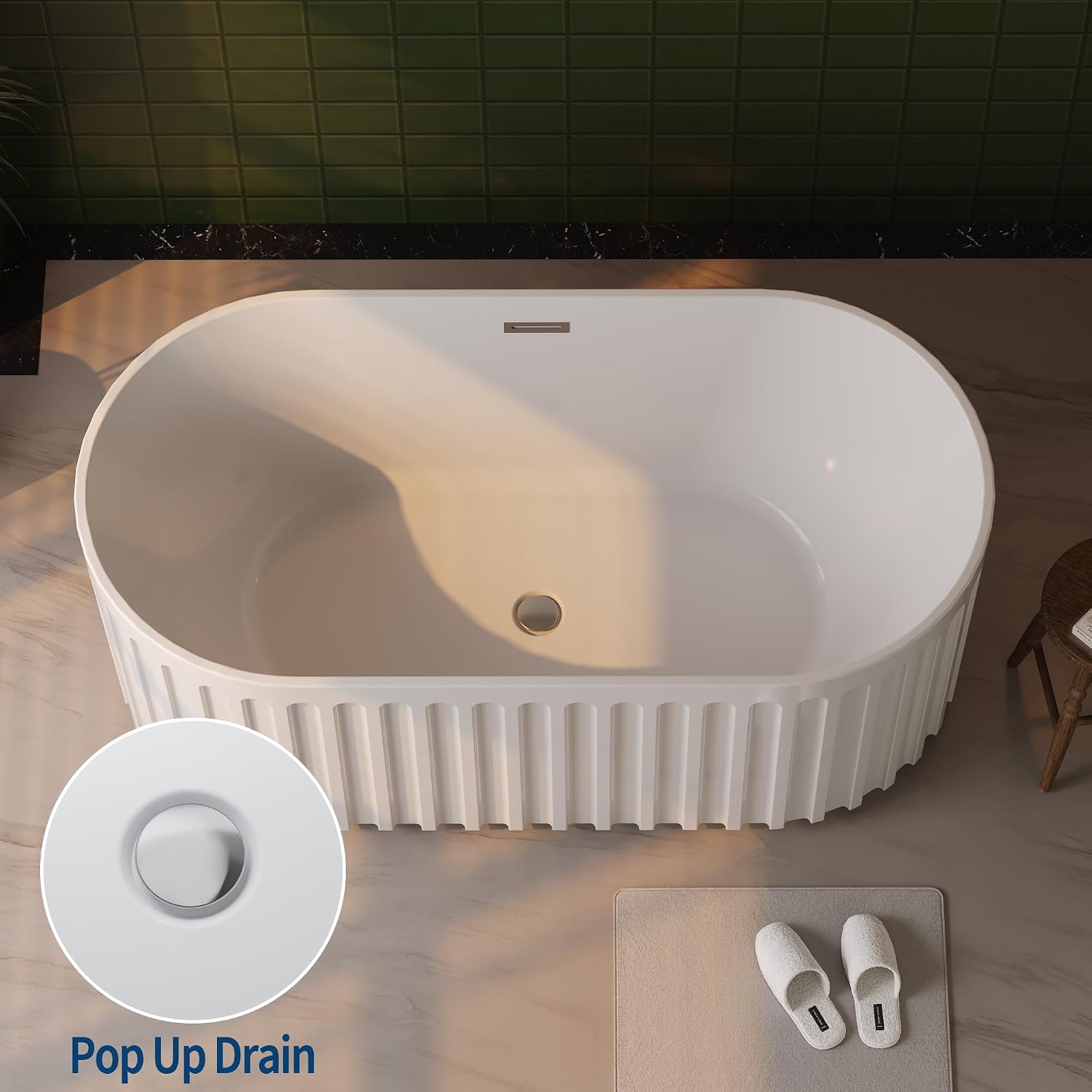 67 Inch Acrylic Freestanding Bathtub with Textured Stripes, Deep Soak Tub, Space-Saving, Glossy Surface, Luxury Spa Design for Modern Bathrooms