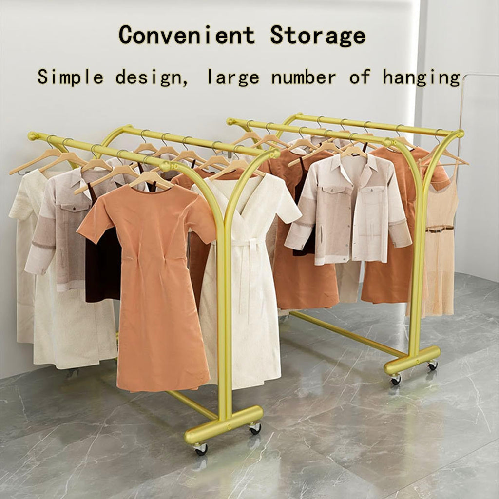 Heavy Duty Clothes Rack with Sturdy Wheels, Freestanding Metal Garment Rack for Hanging Clothes, Standing Rolling Clothing Rack for Retail Boutiques and Bedroom, Gold