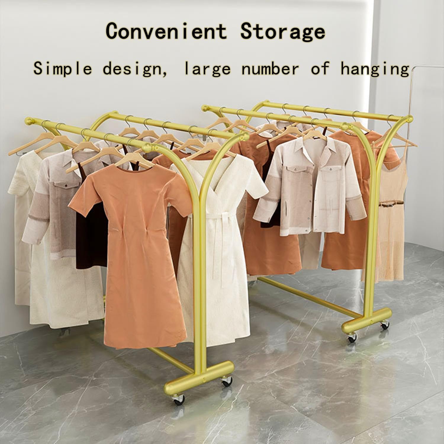 Heavy Duty Clothes Rack with Sturdy Wheels, Freestanding Metal Garment Rack for Hanging Clothes, Standing Rolling Clothing Rack for Retail Boutiques and Bedroom, Gold