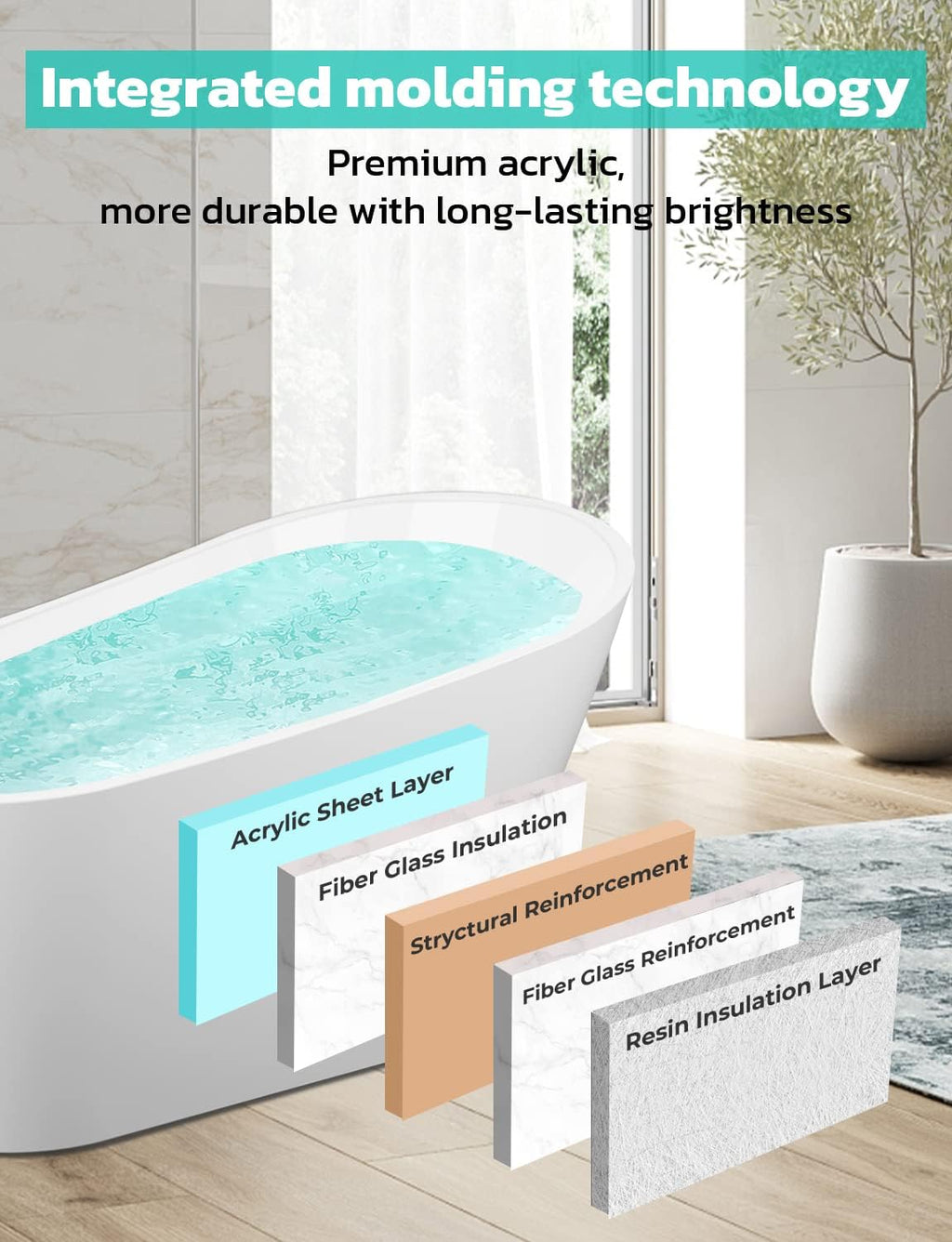 Zevemomo Freestanding Bathtub, 59 inch Acrylic Free Standing Soaking Bathroom Tub with brushed nickel-finished overflow and Anti-Clogging Drain, Easy Installation