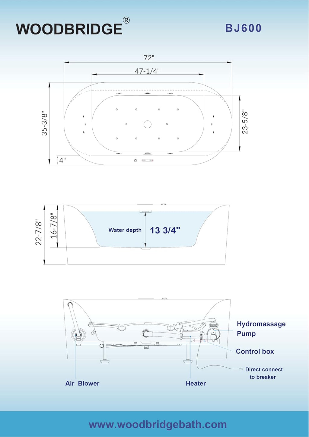 WOODBRIDGE 72' x 35-3/8' Whirlpool and Air Bath Heated Soaking Combination Tub with Adjustable Speed Air Blower and Display Control Panel, BJ600