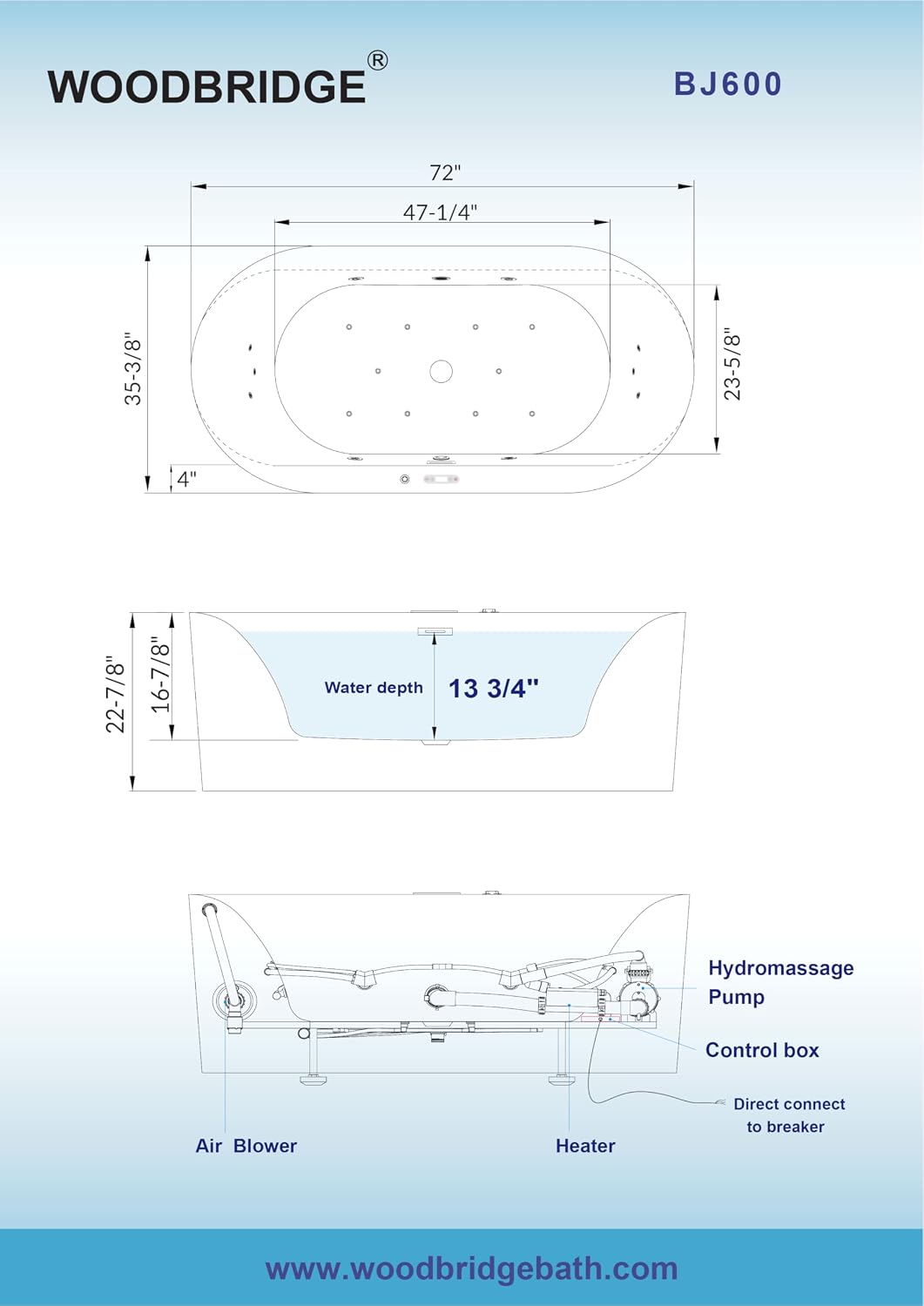 WOODBRIDGE 72' x 35-3/8' Whirlpool and Air Bath Heated Soaking Combination Tub with Adjustable Speed Air Blower and Display Control Panel, BJ600