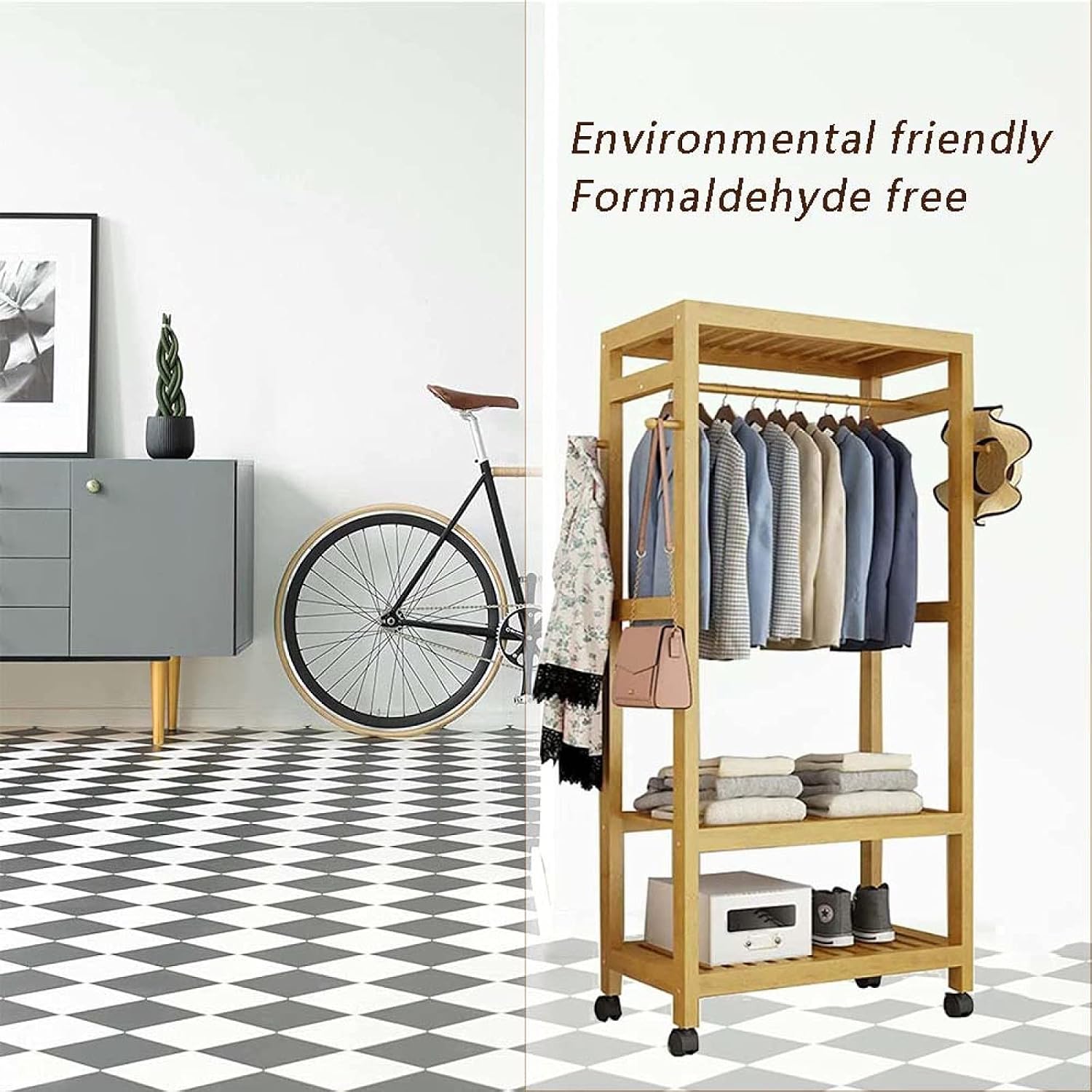 Floor-Standing Solid Wood Rotating Coat Rack，80cm Rolling Wooden Clothes Rack with Shelves & Cover - Portable Garment Organizer, Adjustable Height, Stylish Storage Solution for Home, Bedroom