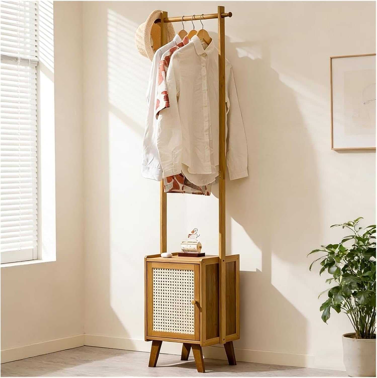 Bamboo Clothes Rack with Storage Basket - Freestanding Solid Wood Garment Rack for Bedroom, Living Room, and Hallway Organization(Tea Brown)