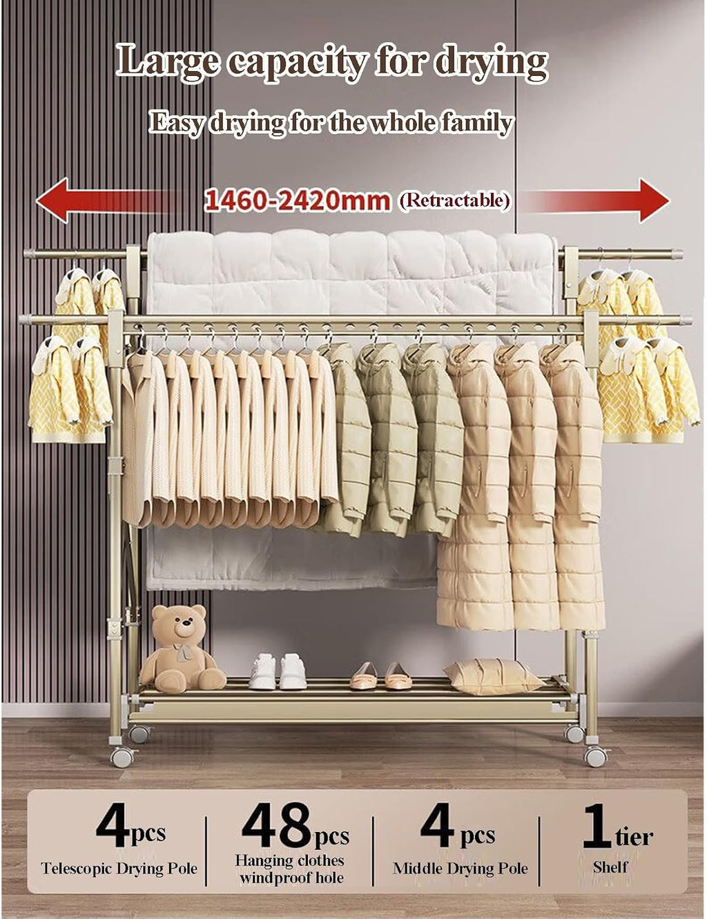Coat Rack Hooks Double Clothes Rail Commercial Grade Garment Rack with Wheel, Heavy Duty Clothing Rails Adjustable Collapsible Rolling Clothes Rack(120-200cm)