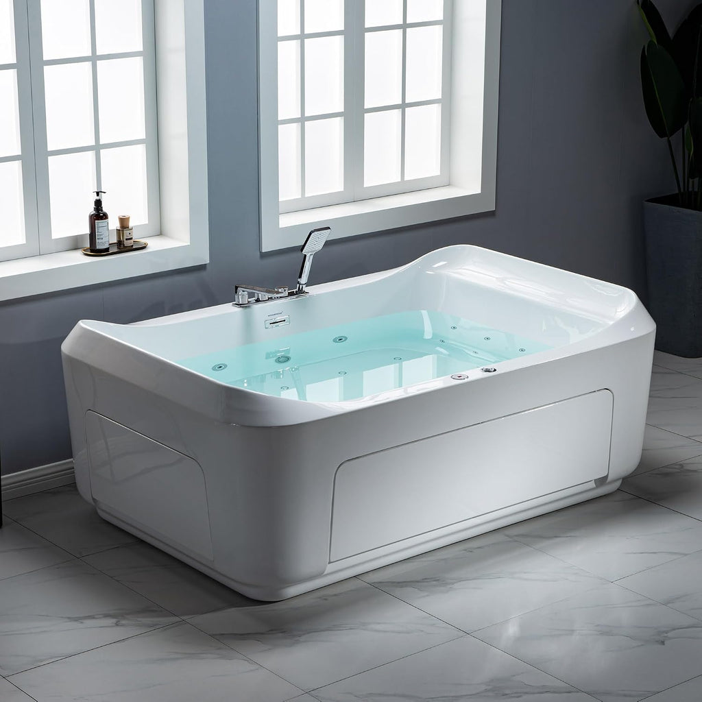 WOODBRIDGE 70-7/8'L x 47-1/4'W 2 Person Freestanding Hydrotherapy Whirlpool and Air Bath Heated Soaking Combination Massage Tub with Adjustable Speed Air Blower and Display Control Panel, B0091