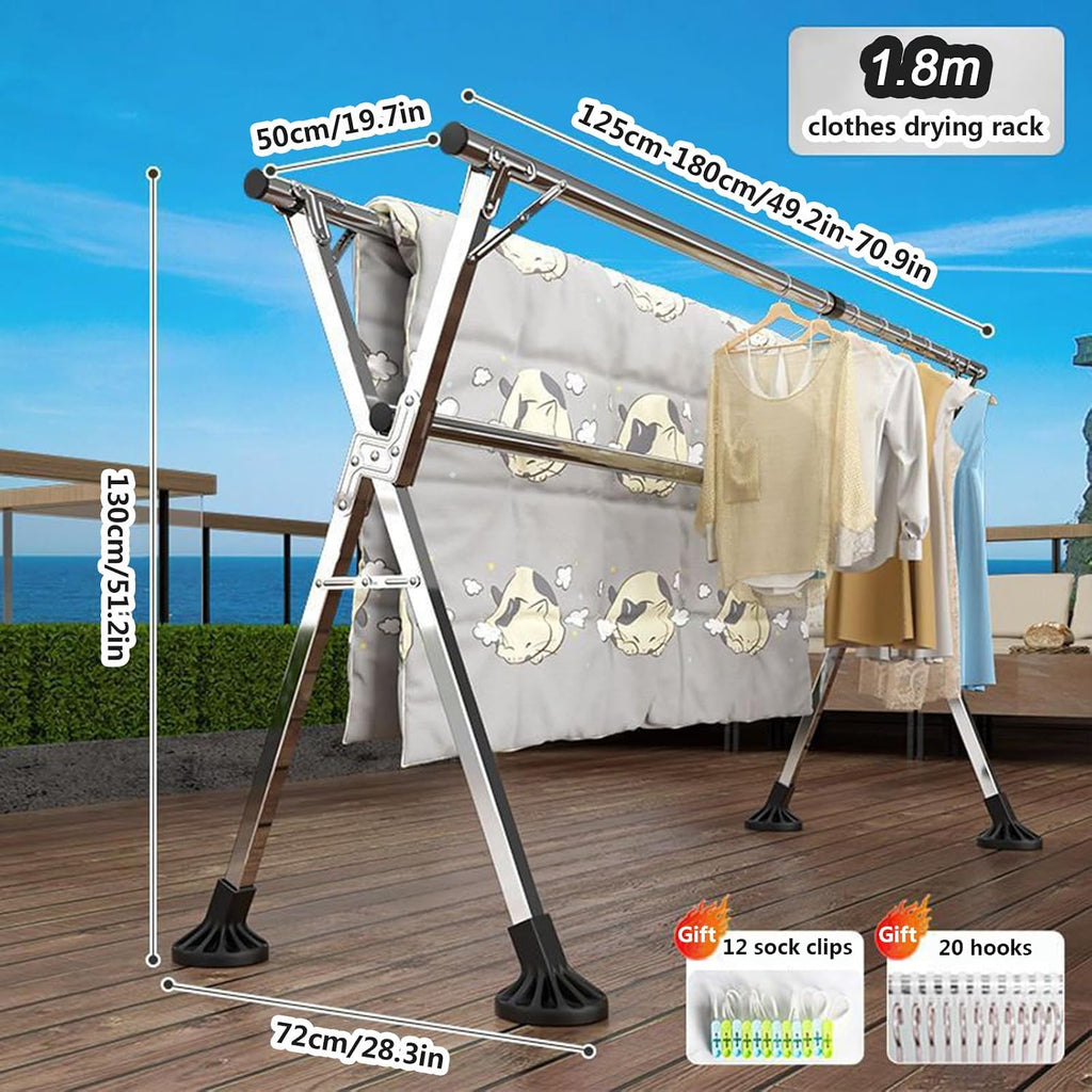 Upgraded Free Standing Clothes Rack Retractable, Foldable Drying Clothes Rack Heavy Duty Collapsible Garment Rack, 3 Poles Cloth Drying Rack with 20 Hooks and 12 Clips,1.25~1.8m (4.1ft~5.9ft)