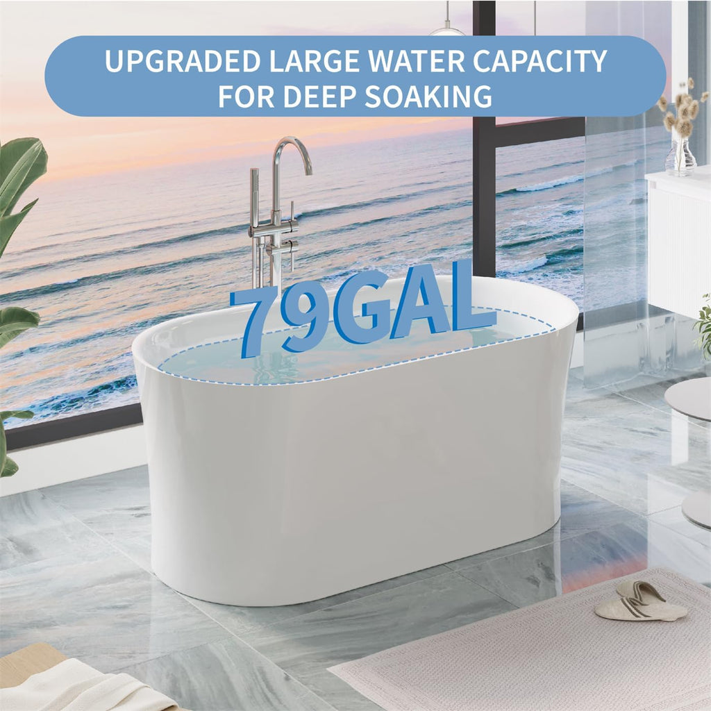 WELLFOR 59 Inch Acrylic Freestanding Bathtub, 80 Gallons Capacity White Soaking Tub, Freestanding Soaking bath tub with Chrome Bathtub Drain and Groove Overflow, Glossy White