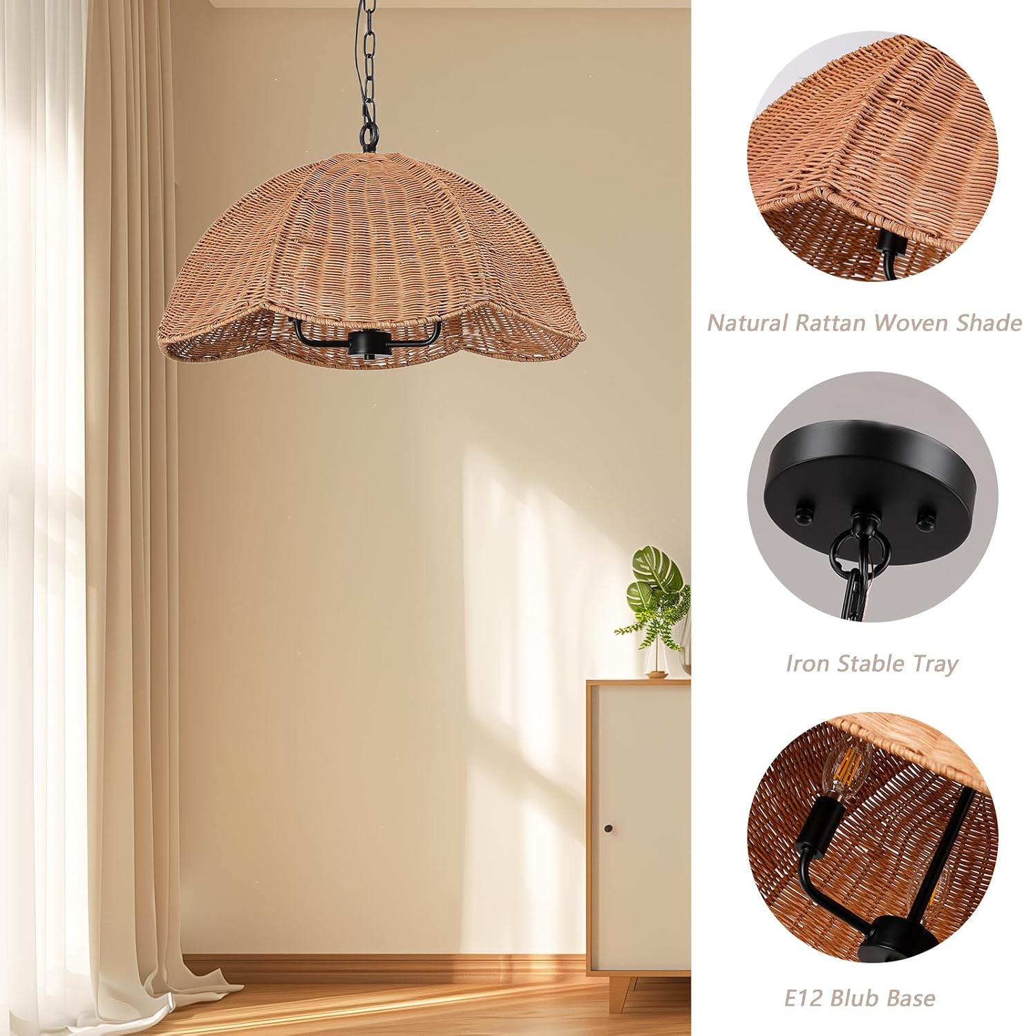 ocioc Rattan Pendant Lighting,23.6' Kitchen Island Hanging Light Fixtures,Large Boho Hand-Woven Chanderlier, E26 Farmhouse Retro Ceiling Chandelier 3-Lights for Dining Room Kitchen Island Living Room
